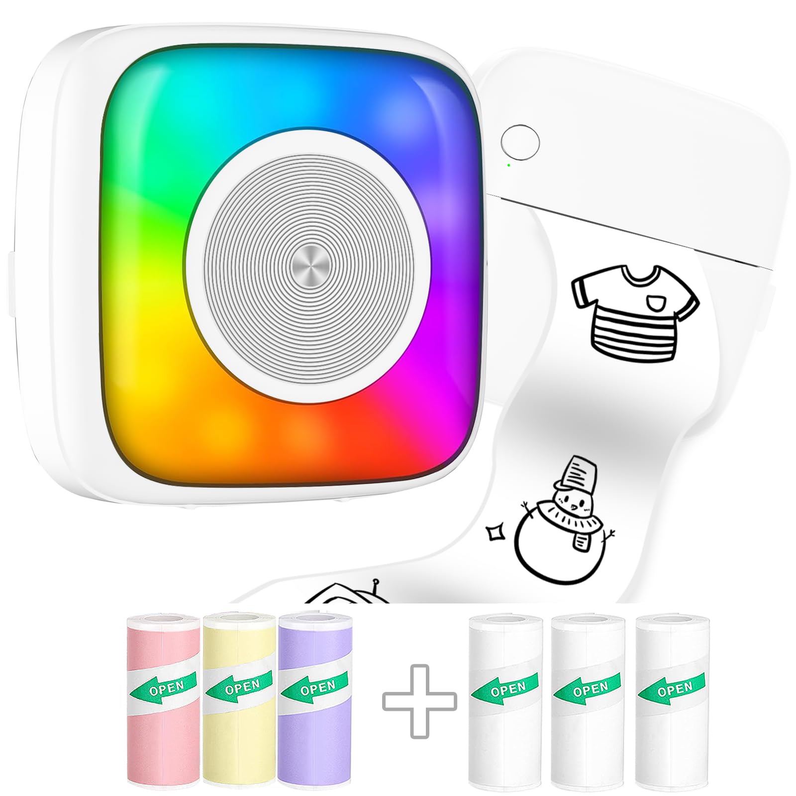 Mini Sticker Printer with 6 Rolls Label Paper - Portable Bluetooth Thermal Label Maker for DIY, Scrapbooking, Travel Notes & Memos - 7 Color LED Light Modes - iOS & Android Compatible | Perfect for Home Organization, School Projects & Gift Wrapping