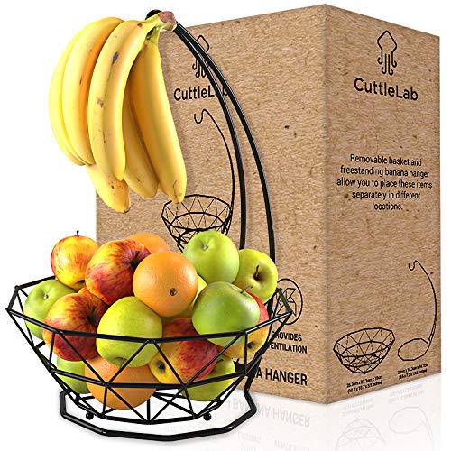 CuttleLab Black 1-Tier Fruit Basket with Banana Hanger - Versatile Kitchen Counter Organizer for Fruits, Vegetables, Bread, Eggs | Perfect for Pantry, Dining Table, and Breakfast Nook