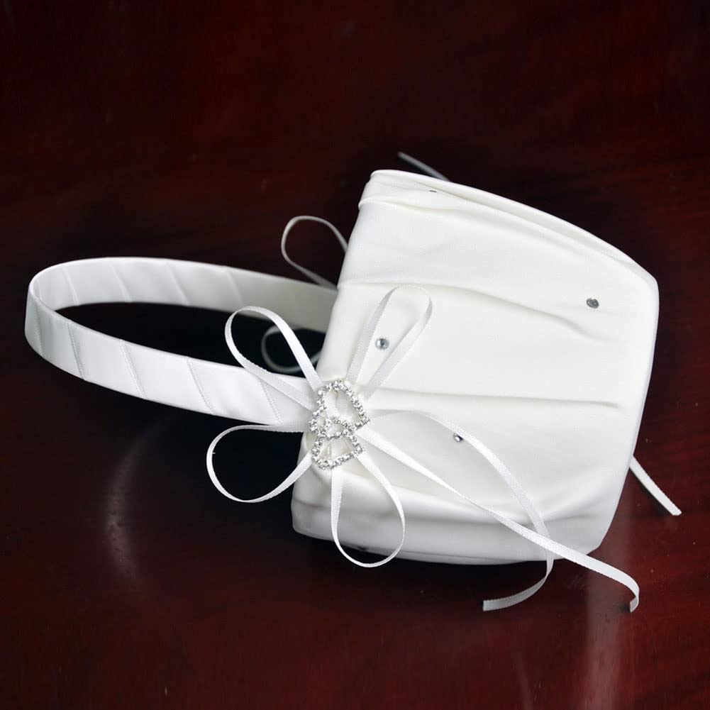LAPUTA Elegant White Wedding Flower Girl Basket - Double Heart Rhinestone Satin Ribbon Bowknot Decorative Basket for Brides (5.12