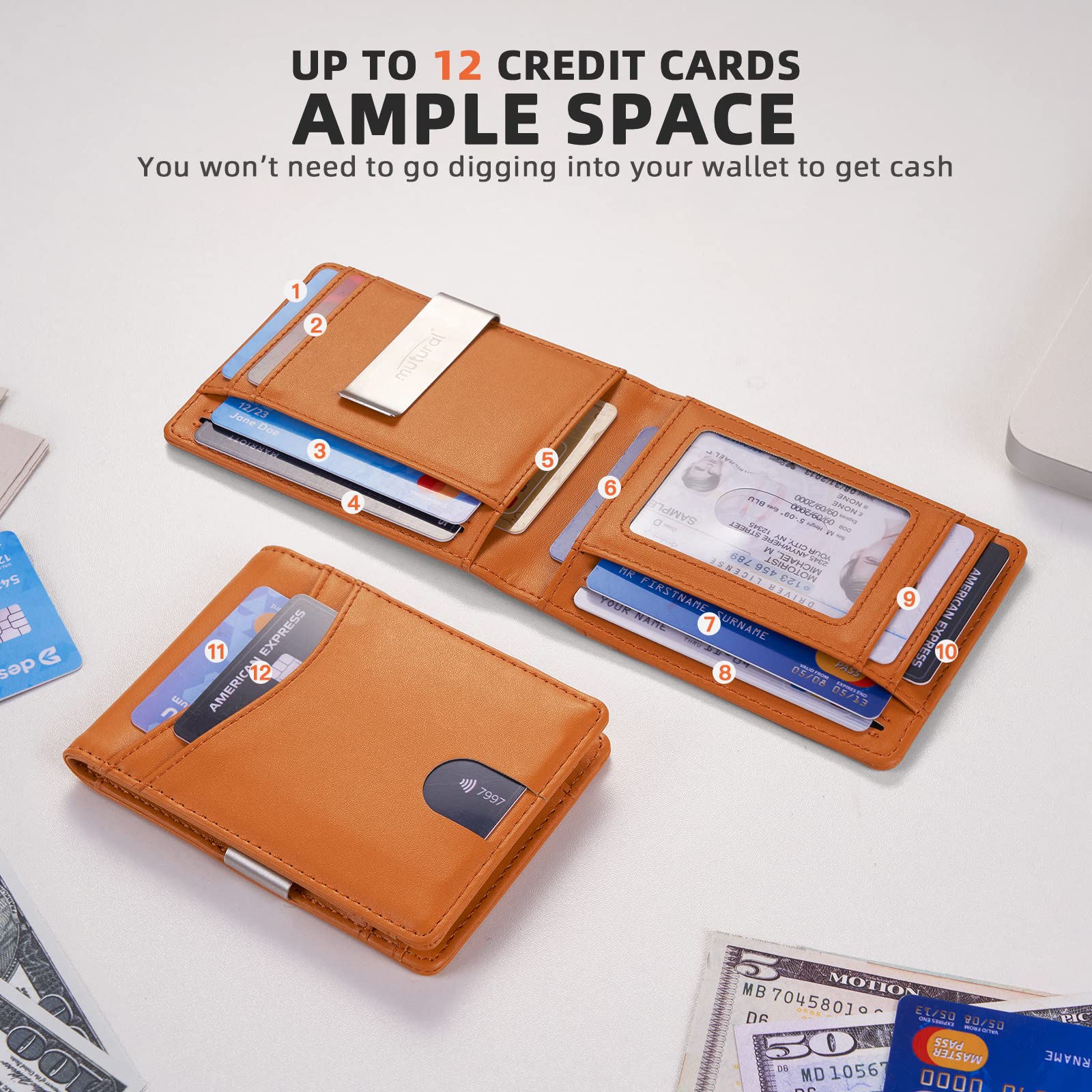 Premium Minimalist Slim Leather Wallet for Men - RFID Blocking Bifold Wallet with Money Clip | Nappa Orange | Stylish Front Pocket Wallet for Everyday Carry & Travel