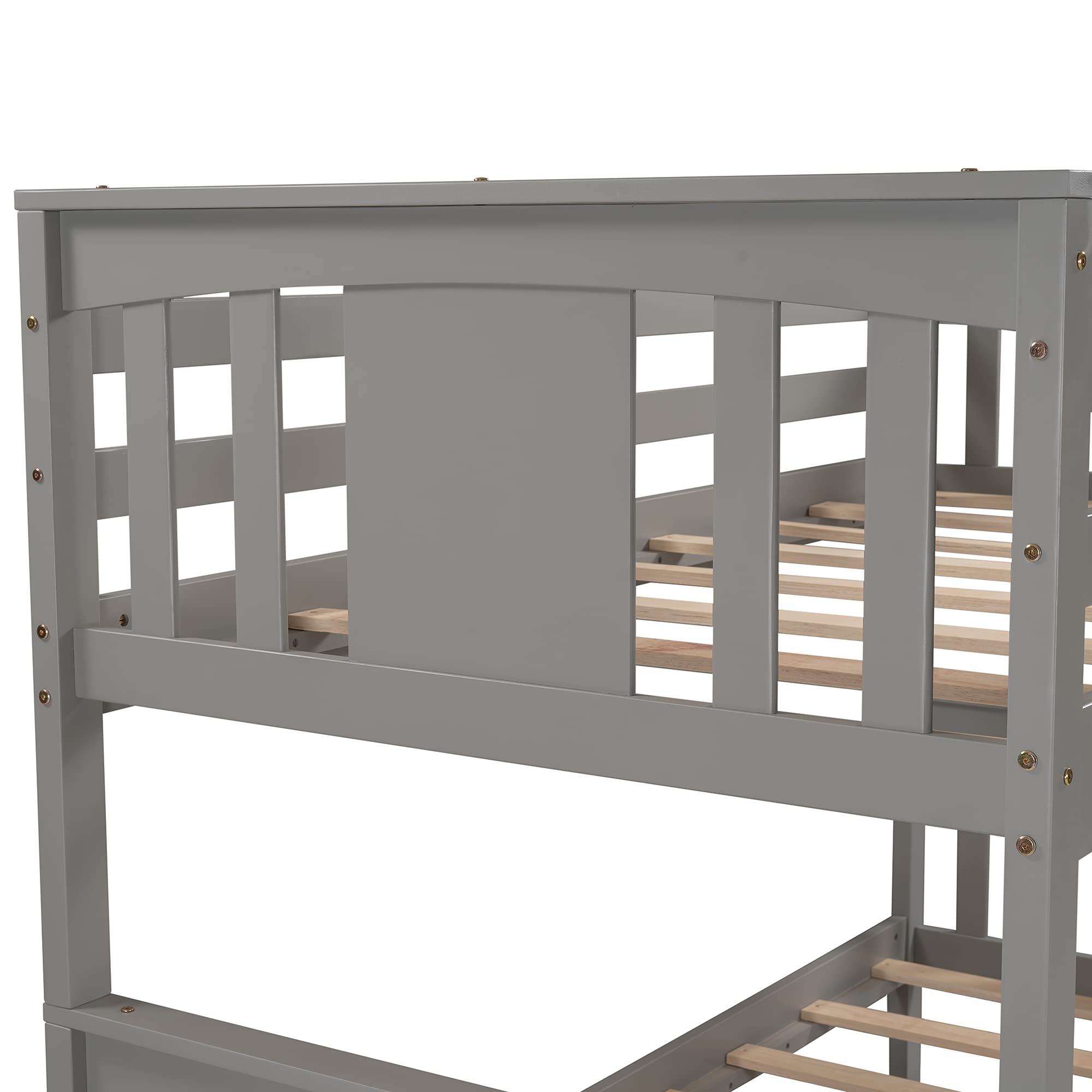 **Twin Over Twin Bunk Bed with Trundle for Kids - Solid Wood Bunk Bed Frame with Headboard, Footboard & Ladder - No Box Spring Needed - Space-Saving Bedroom & Guest Room Furniture (Gray) - Perfect for Small Rooms, Sleepovers & Shared Kids' Bedrooms**