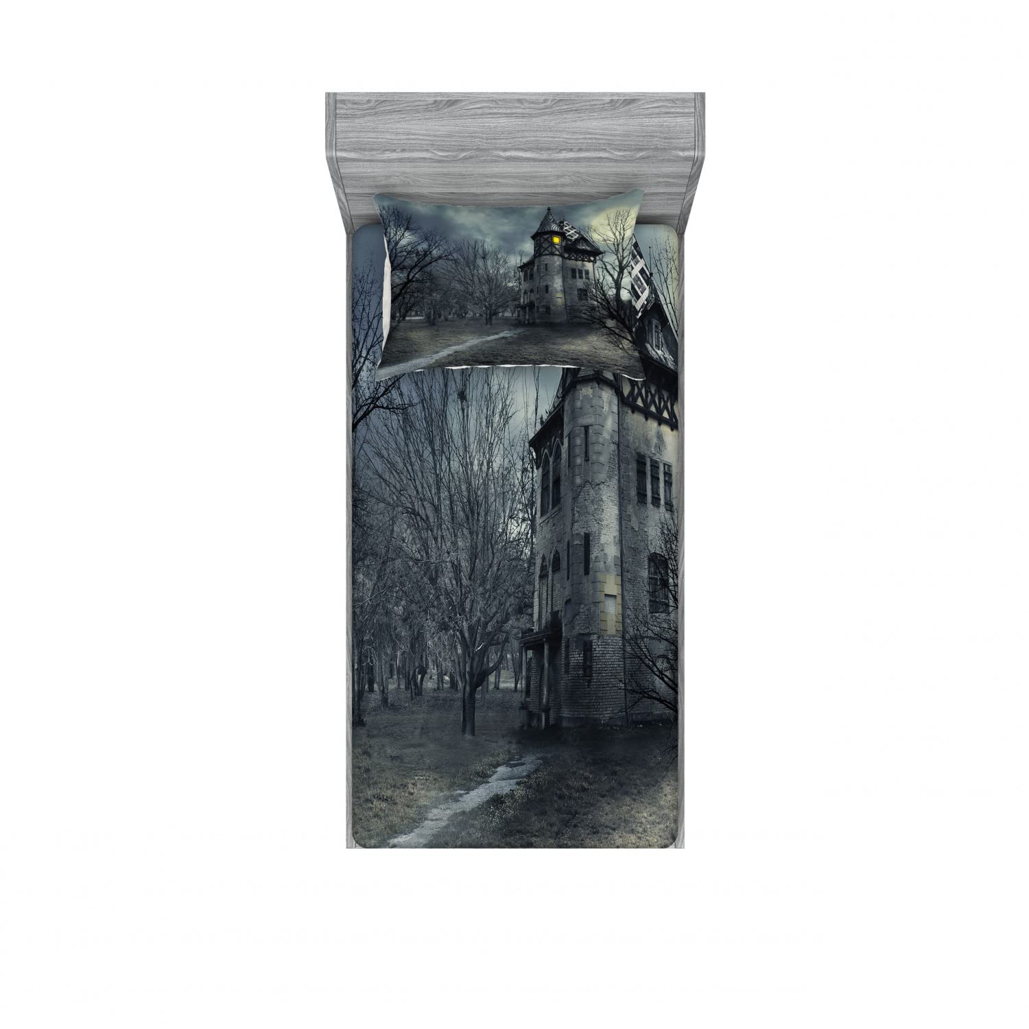 Ambesonne Halloween 2-Pack Twin XL Fitted Sheets & Pillow Sham Set - Gothic Haunted House Design, 4-Piece Bedding Decor in Teal | Perfect for Spooky Bedroom Makeovers, Themed Parties & Cozy Halloween Nights