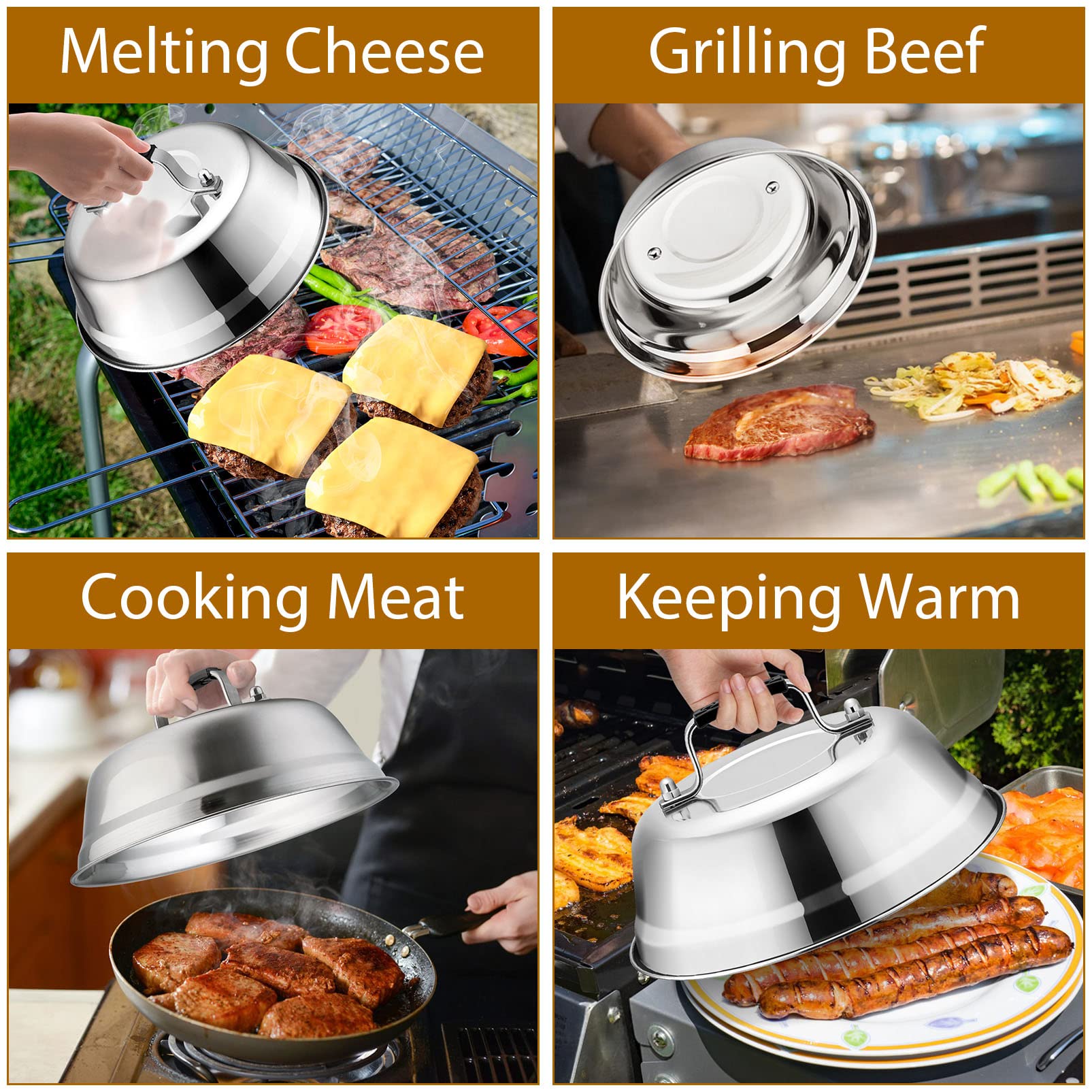 Joyfair 9-Inch Stainless Steel Cheese Melting Dome & BBQ Basting Cover - Heavy Duty Heatproof Lid for Grilling Steak, Melting Cheese, Steaming Vegetables - Perfect for Outdoor Cooking, Camping & Backyard BBQs (2-Pack)