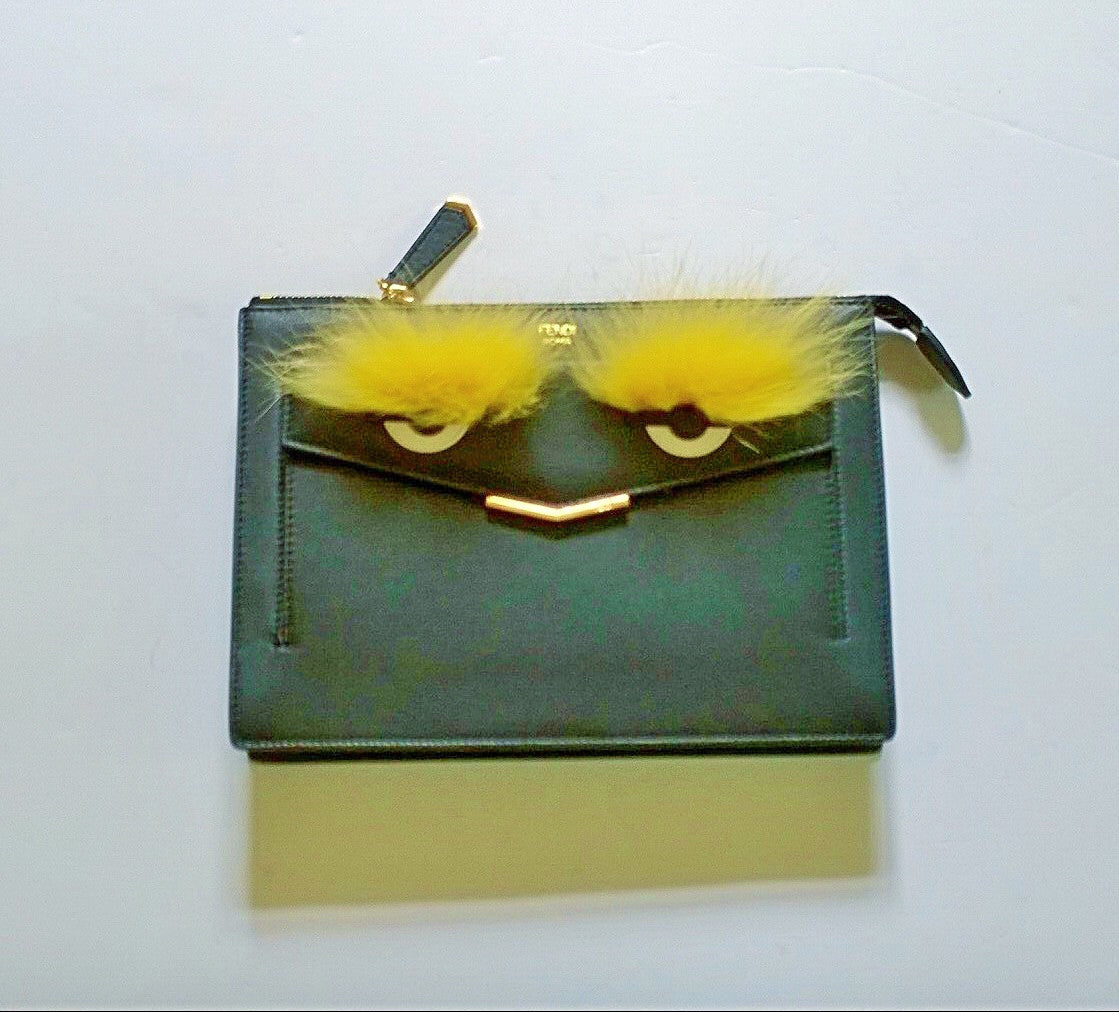 Fendi Monster Black Leather Clutch Crossbody Bag with Fur Eyes - Luxury Designer Handbag for Women, Perfect for Evening Parties, Date Nights & Special Occasions
