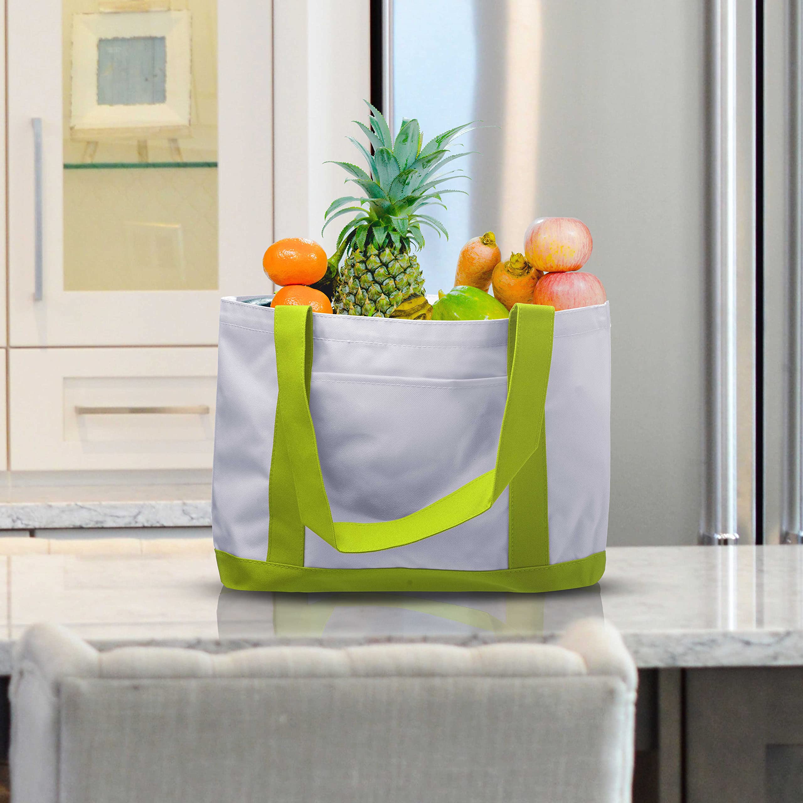 10 Pack Canvas Shoulder Tote Bags with Reinforced Straps & Front Pocket - Durable Polyester Fashion Tote Bags in Green - Perfect for Shopping, Beach, Work & Travel
