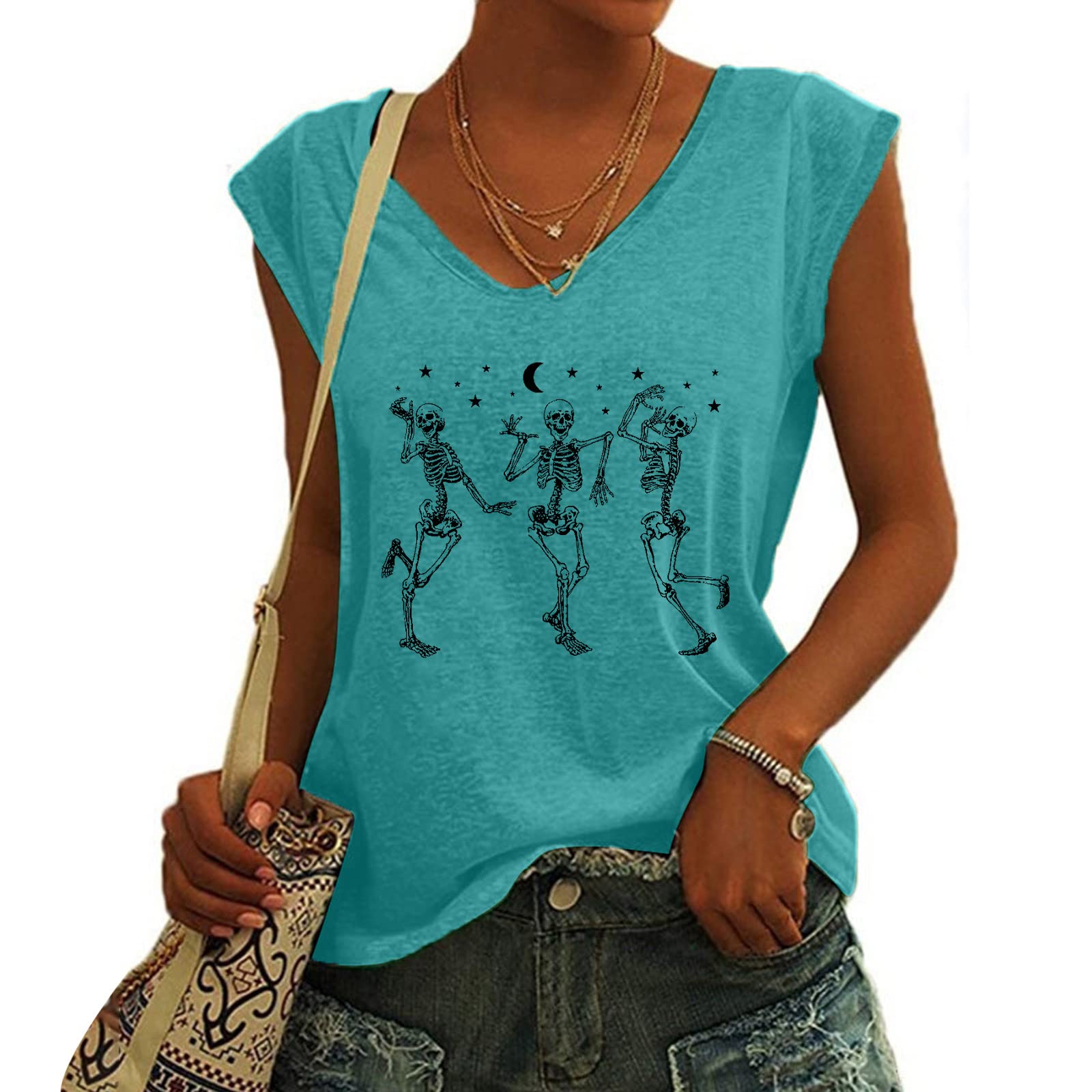 Women's Skull Graphic V-Neck Cap Sleeve Tank Top - Casual Loose Fit Summer T-Shirt | Perfect for Dancing, Concerts, Beach Outings & Funny Costume Parties