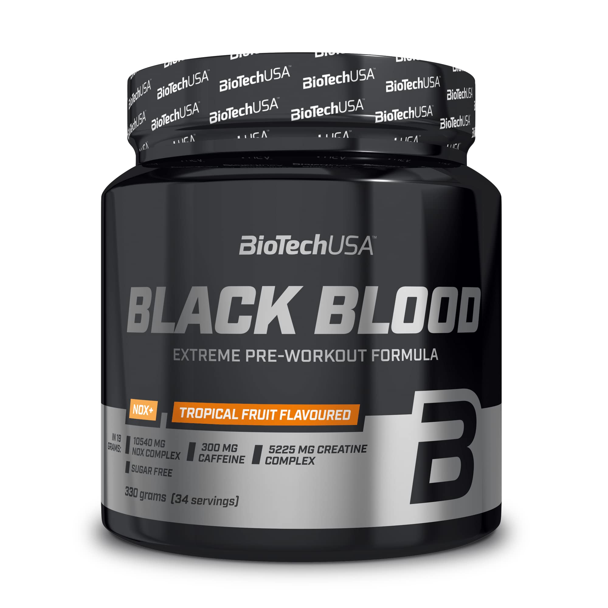 BioTechUSA Black Blood NOX+ Pre-Workout Supplement - Tropical Fruit Flavor, 330g (EAN 5999076232369) | Energy Booster for Gym & Fitness Training | Muscle Performance Enhancer