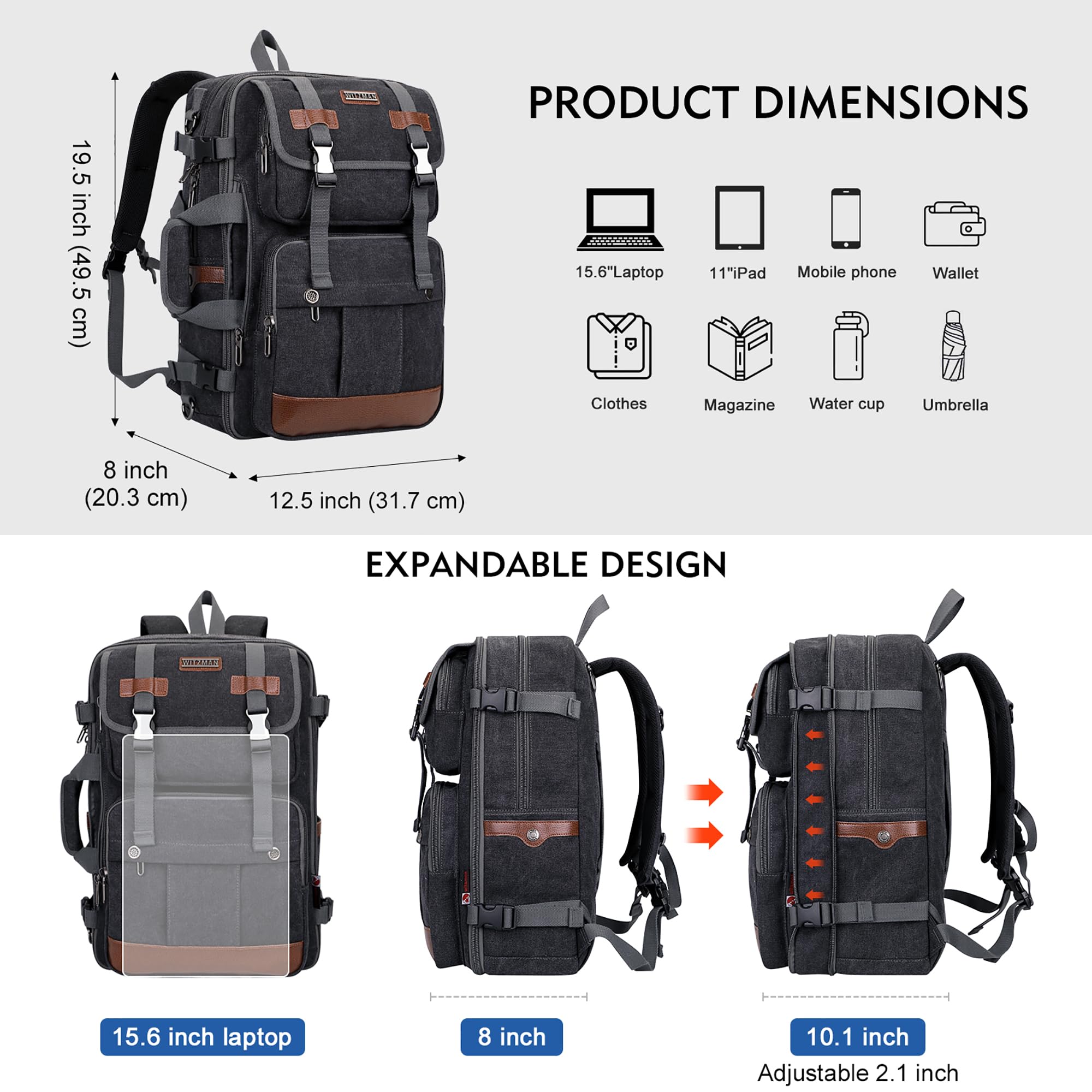 WITZMAN Large Travel Backpack for Men - 17 Inch Laptop Backpack, Airline Approved Carry-On, Convertible Shoulder Rucksack (A6617-3 Black) - Perfect for Business Trips, Commuting & Outdoor Adventures