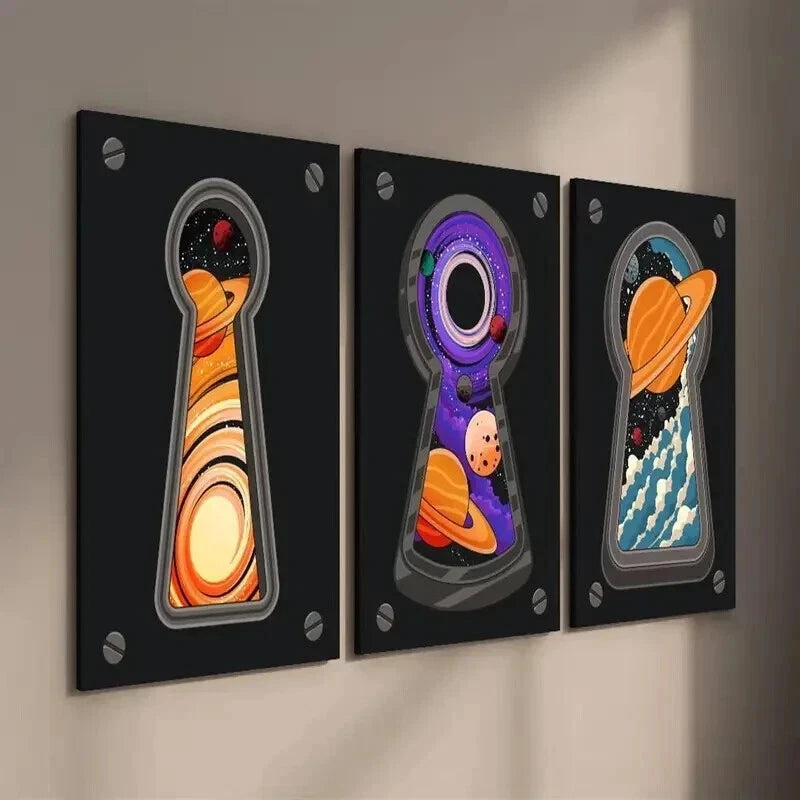 3-Piece Abstract Cosmic Keyhole Galaxy Wall Art Set - Framed Canvas Prints 50x70cm (20x28in) - High Quality Space-Themed Home Decor - Ready to Hang for Living Room, Bedroom or Office Decorations