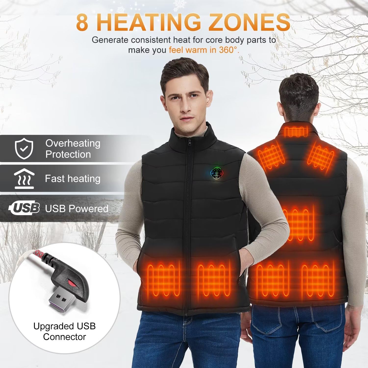 KOVNLO Men's Electric Heated Vest with Smart Controller - Lightweight Winter Heating Jacket for Outdoor Activities (Battery Not Included) - Perfect for Camping, Hiking & Cold Weather Commuting
