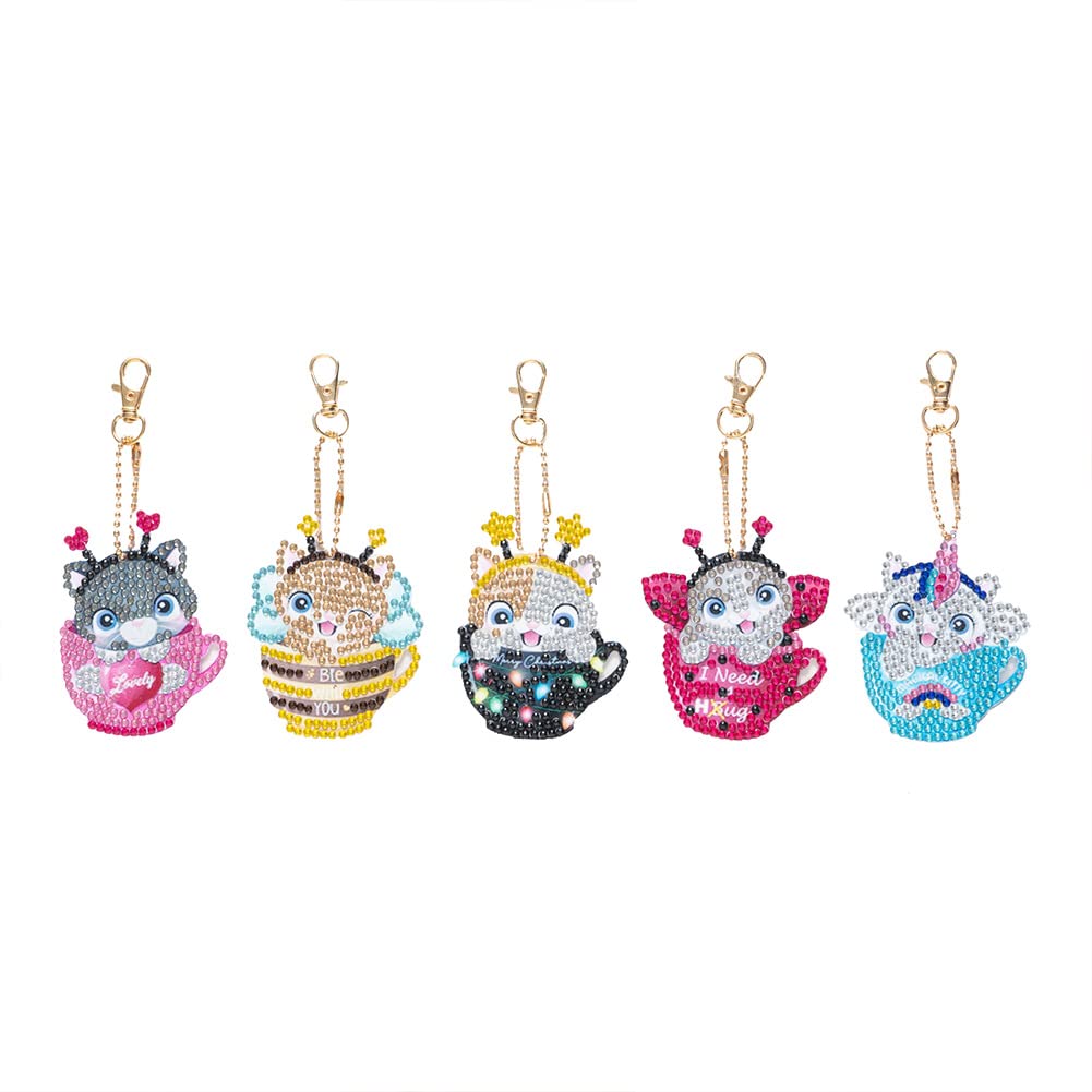 5pcs DIY Diamond Painting Keychain Set - Full Drill Mosaic Key Ring Pendant for Girlfriend & Mother Gift, Art Craft Phone Charm Bag Decor (Cup Design) | Perfect for DIY Enthusiasts, Birthday Gifts & Handmade Jewelry Making