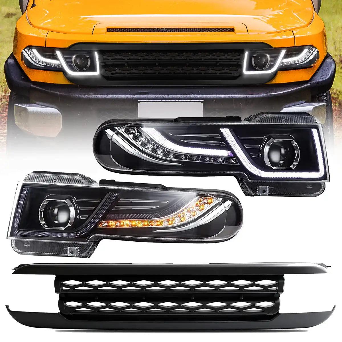 High-Performance LED Headlight Assembly Dual Beam Projector with Grille for 2007-2015 Toyota FJ Cruiser XJ10 - Upgrade Your Off-Road Lighting for Night Adventures & Trail Driving