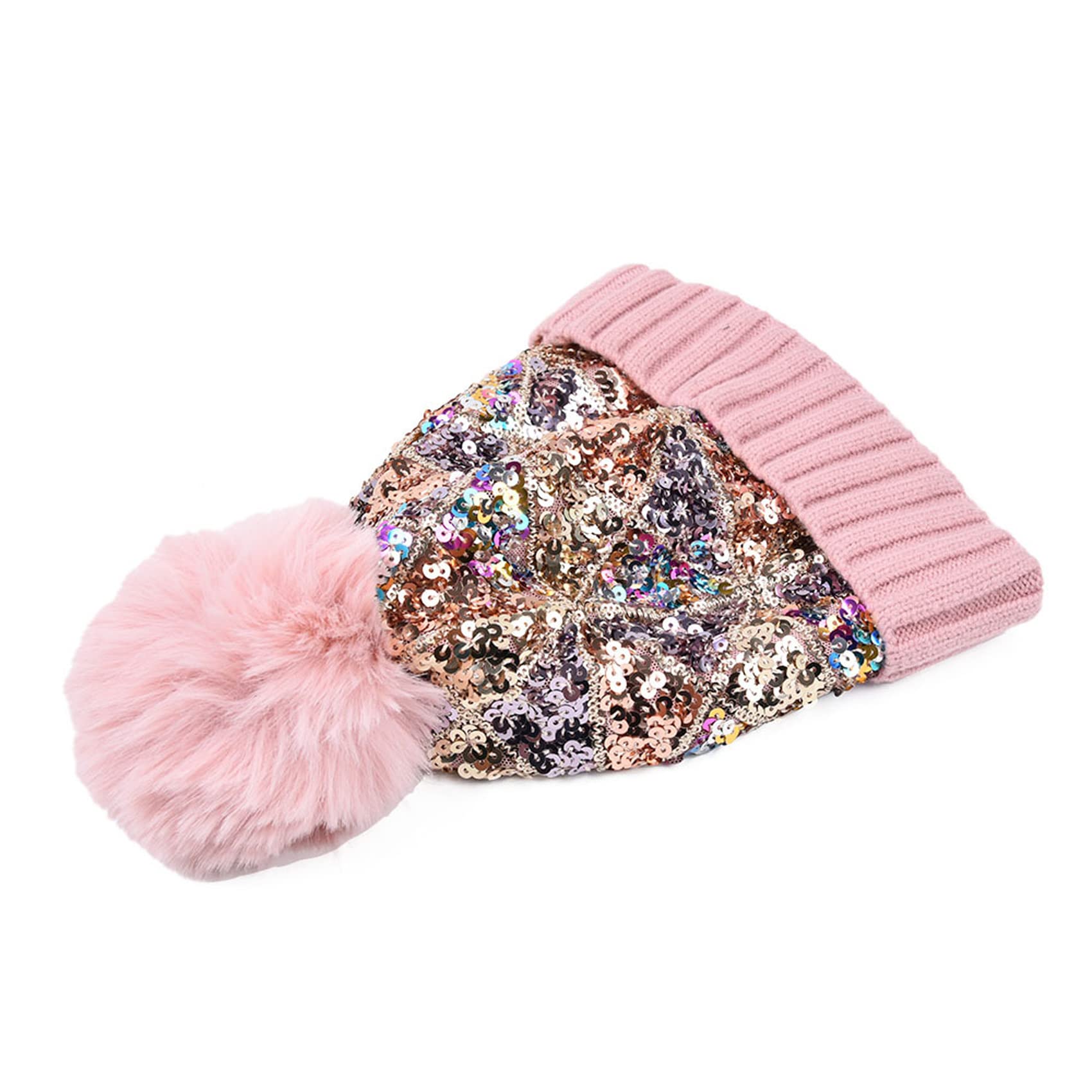 BOLLEY JOSS Women's Winter Beanie Hat with Glitter Sequins & Faux Fur Pom Pom - Colorful Knit Skull Cap for Skiing, Snowboarding & Cold Weather Fashion