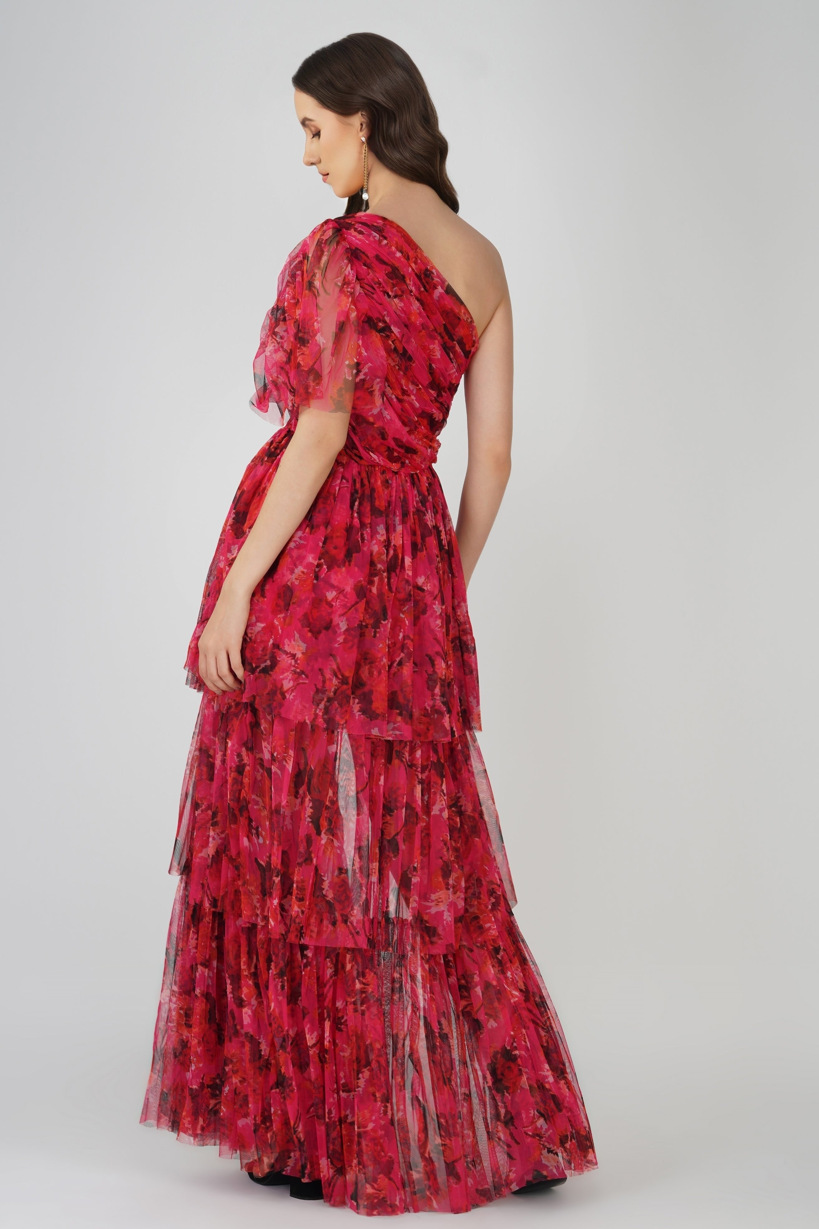 Rowena Red & Pink Printed One Shoulder Maxi Dress for Women - Elegant Summer Beach Party & Evening Cocktail Dress