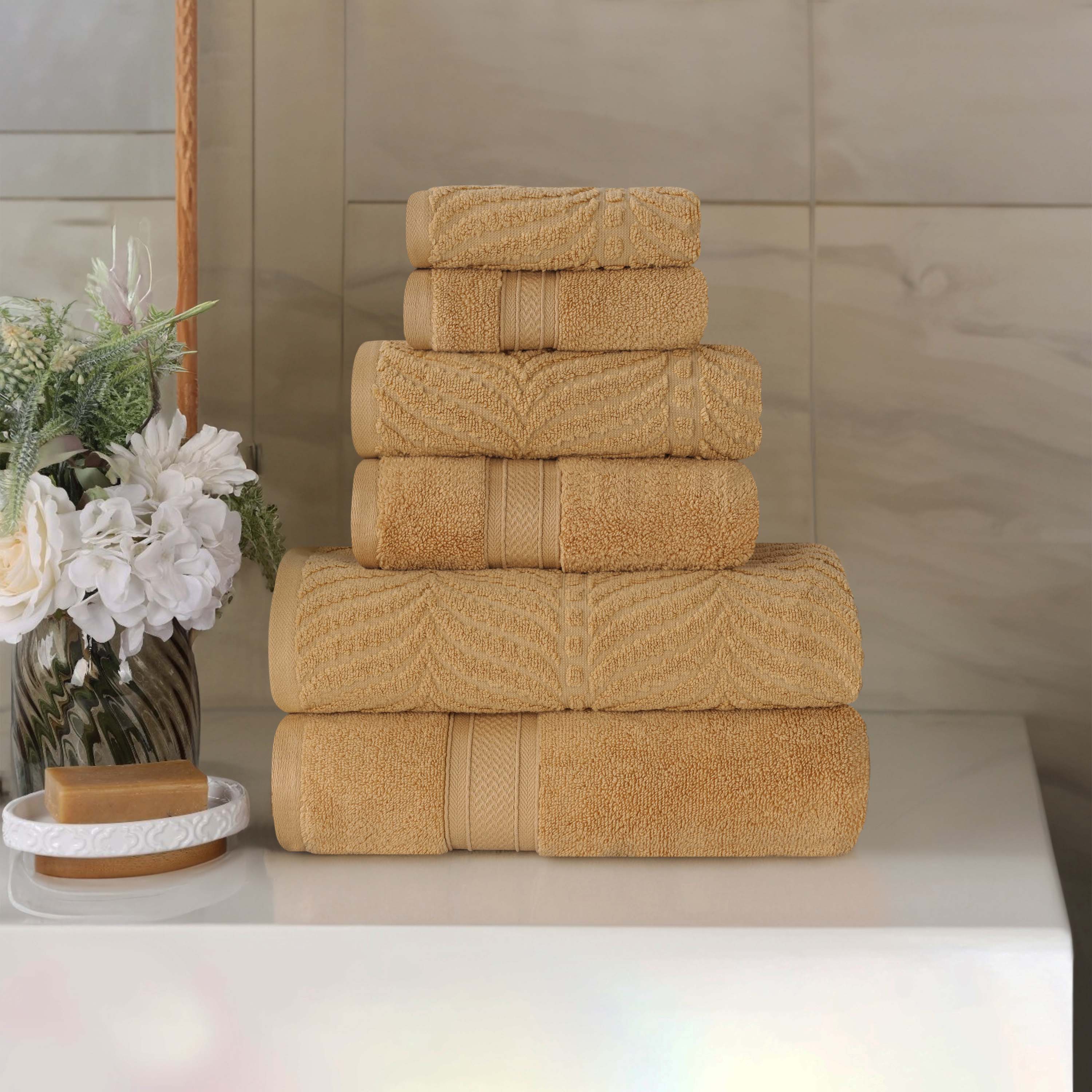 Premium 6-Piece Zero Twist Cotton Towel Set - Solid & Jacquard Chevron Design for Bath, Spa, and Luxury Home Decor