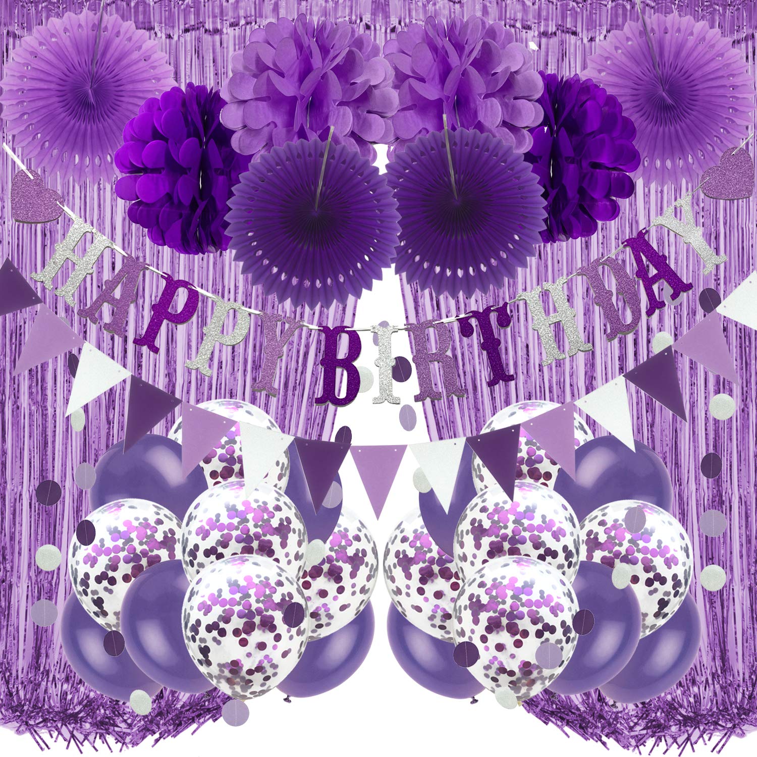 Purple Birthday Party Decorations Set - Happy Birthday Banner, Curtains, Paper Pompoms, Fans Garland & Confetti Balloons for Boys, Girls, Men & Women | Perfect for Indoor/Outdoor Birthday Celebrations, Baby Showers & Anniversary Parties
