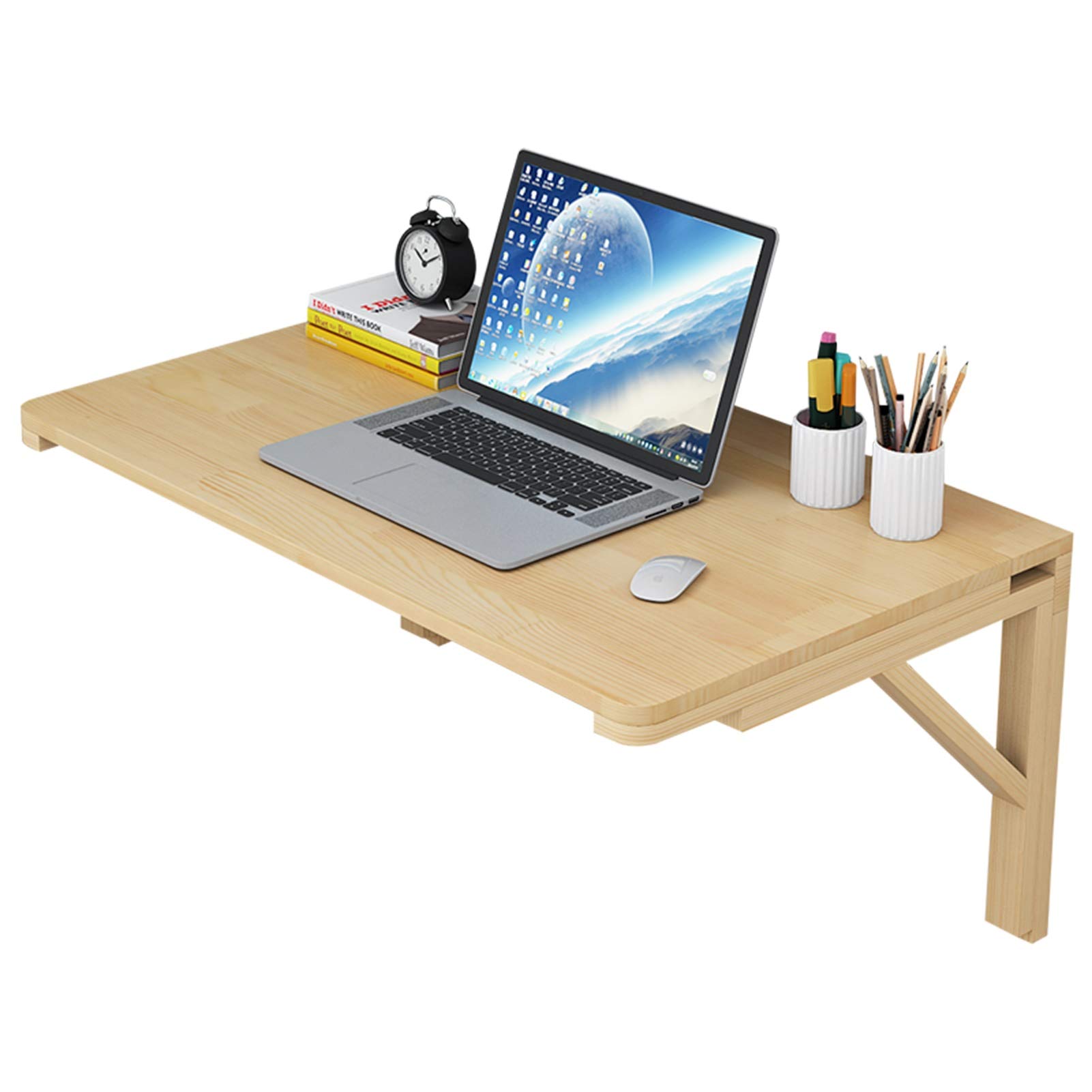 Wall Mounted Floating Desk - Space Saving Folding Table for Computer Workstation, Laptop & Kids Study - 80x40cm Pine Wood Desk with 60kg Capacity - Moisture Proof for Home Office, Dorm Room & Small Spaces