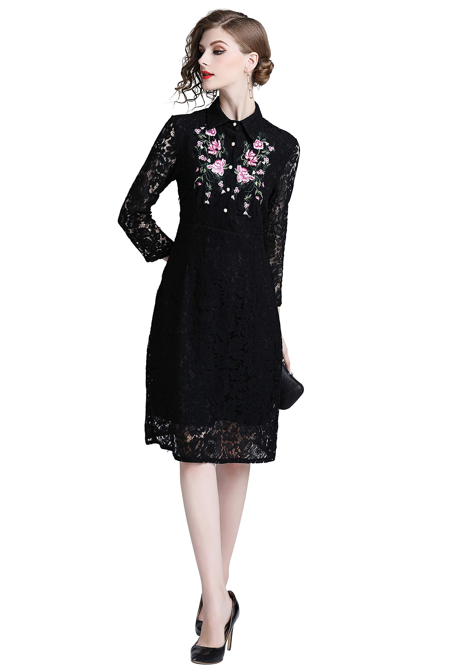 Elegant Retro Lace Floral Embroidered A-Line Midi Dress for Women | Vintage Cocktail Party Dress | Perfect for Weddings, Date Nights & Special Occasions