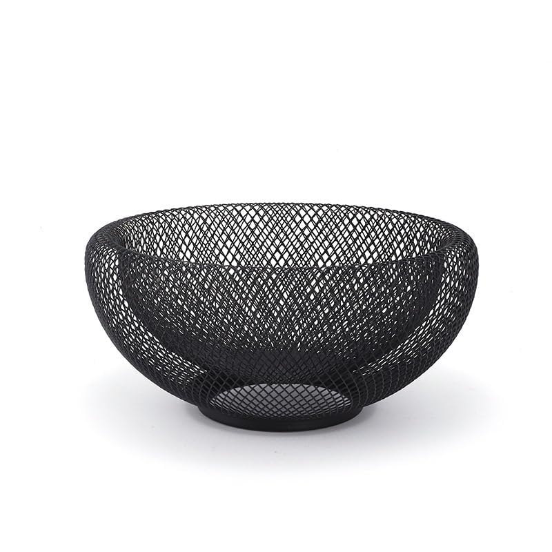 12 Inch Black Metal Mesh Fruit Bowl - Decorative Kitchen Counter & Dining Table Candy Dish Holder for Fruits, Snacks, Office Decor | Rustic Home & Party Serving Tray