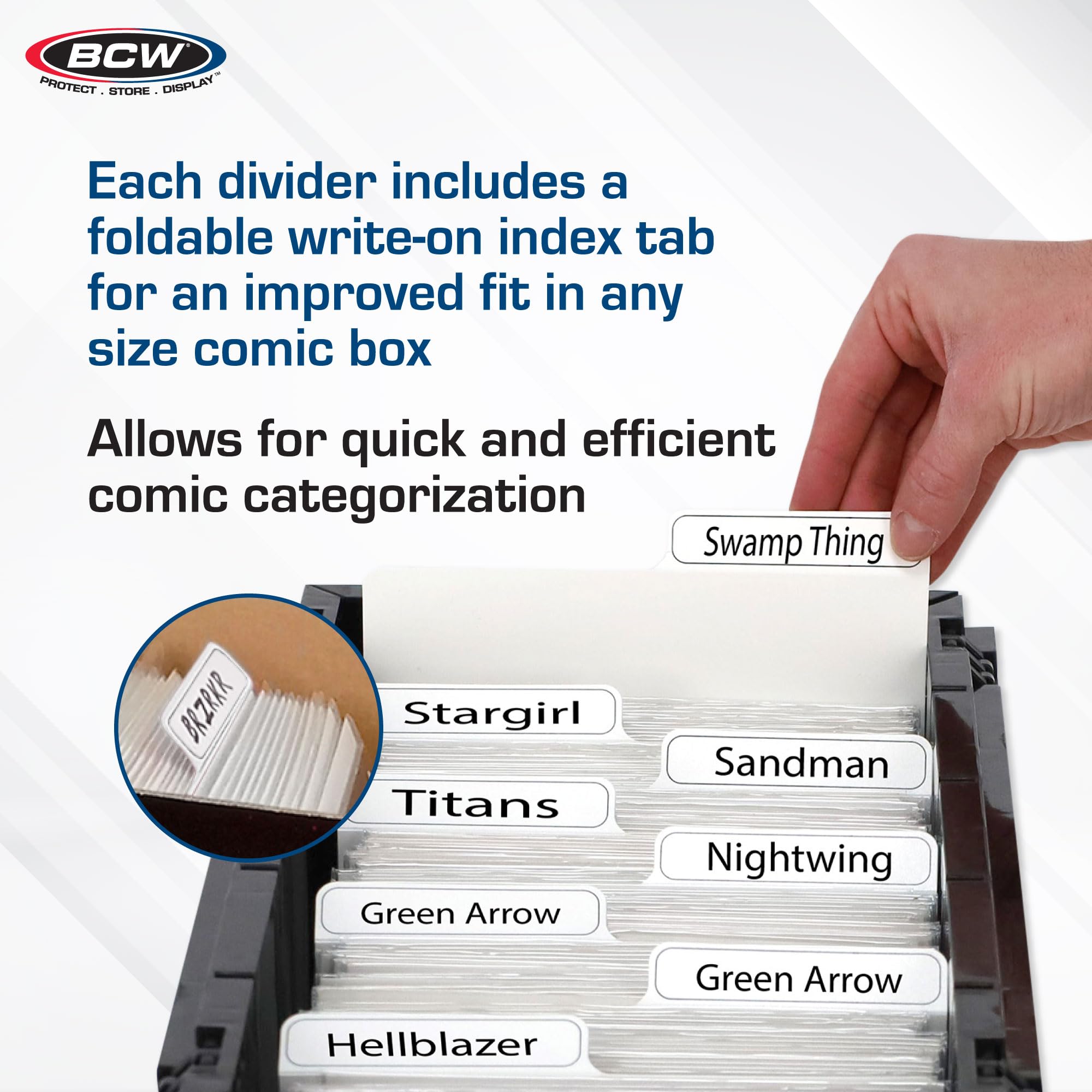 BCW Comic Dividers - 25 Pack | Archival Safe Polyethylene Plastic Dividers for Comic Book Storage | Organize & Protect Comics in Storage Boxes | Write-On Index Tabs (White) | Perfect for Collectors & Comic Book Organization