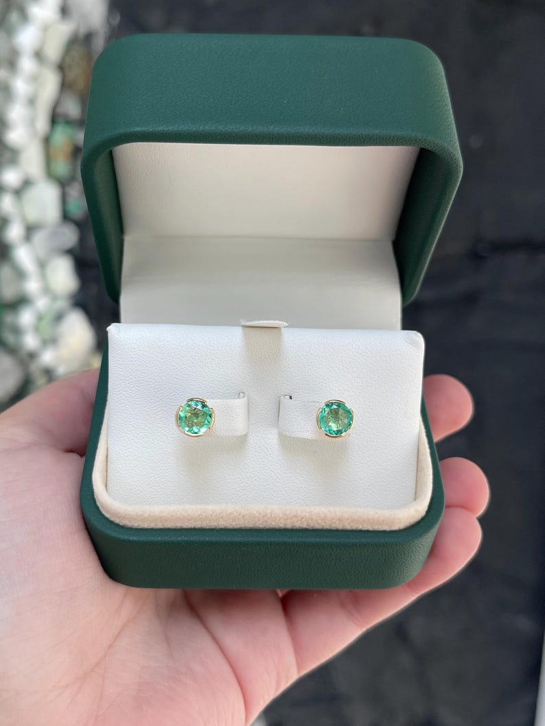 2.0tcw 14K Gold Semi Bezel Colombian Emerald Round Stud Earrings for Women – Elegant Jewelry Gift for Birthday, Anniversary & Special Occasions