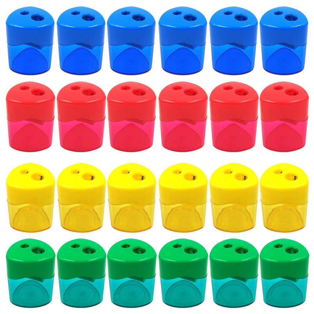 AUSTARK 24Pcs Manual Pencil Sharpener Set - Dual Hole Small Pencil Sharpeners with Lid for School, Office & Home Use - Assorted Colors (Triangle-24) - Perfect for Students, Artists & Professionals