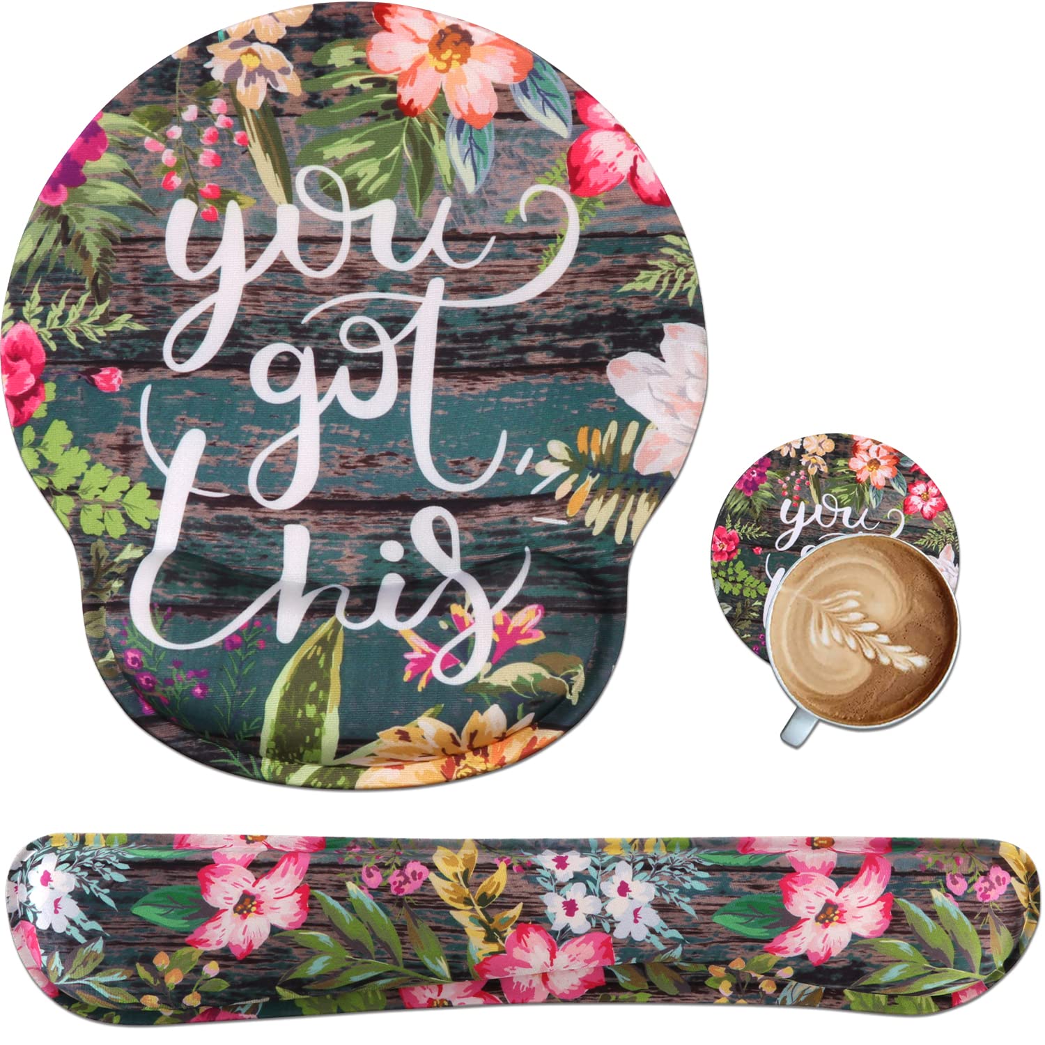 Ergonomic Mouse Pad with Wrist Support & Keyboard Wrist Rest Set - Non-Slip Base, Wood Grain Flowers Design for Pain Relief - Perfect for Home Office, Gaming & Computer Workstations