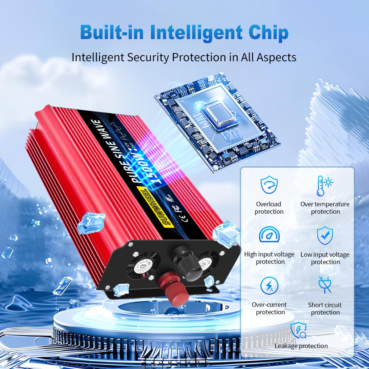 SUNWHEEL 1500W Pure Sine Wave Power Inverter - 12V DC to 110V/120V AC Converter with LCD Display & 2 Outlets for Solar Off-Grid, RV, Truck, Home Appliances (Microwave, Refrigerator, Coffee Maker, TV) - Perfect for Camping, Road Trips & Emergency Power Backup