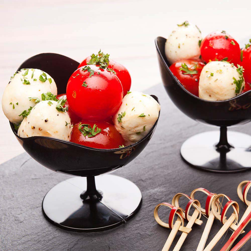 100 Pack 2 oz Round Black Plastic Ball Chairs & 100 Silver Plastic Mini Forks - Perfect for Party Decorations, Wedding Favors, and DIY Crafts