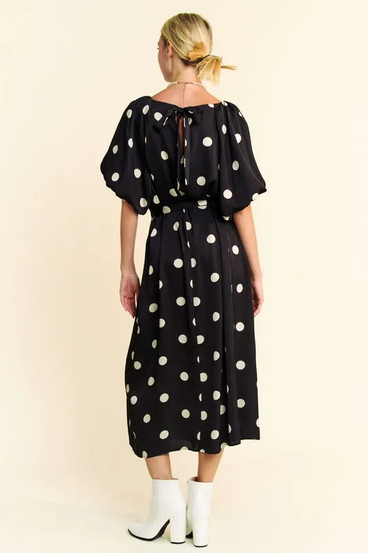 Stylish Polka Dot Puff Sleeve Midi Dress with Waist Tie - Perfect for Summer Parties, Weddings & Casual Outings