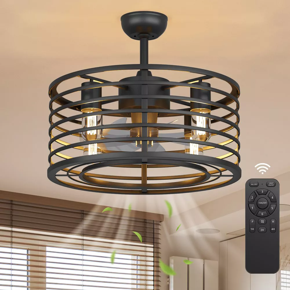 GARVEE 18 Inch Black Caged Ceiling Fan with Light - Low Profile Flush Mount, Remote Control, Reversible Blades - Industrial Farmhouse Style Ceiling Fan for Kitchen, Bedroom, Living Room, Dining Room - Perfect for Modern and Rustic Home Decor