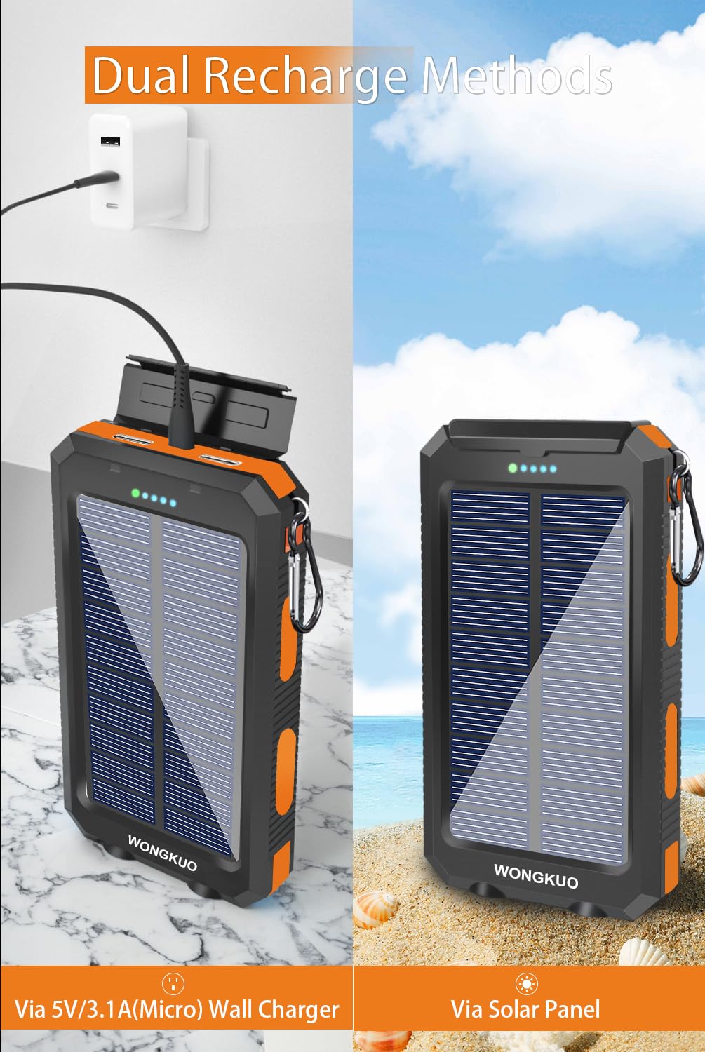 **WONGKUO 36800mAh Solar Power Bank with QC3.0 Fast Charging, LED Flashlight & IP65 Waterproof - Portable Solar Charger for Phones, Tablets, Outdoor Camping, Hiking, and Emergency Power Backup**