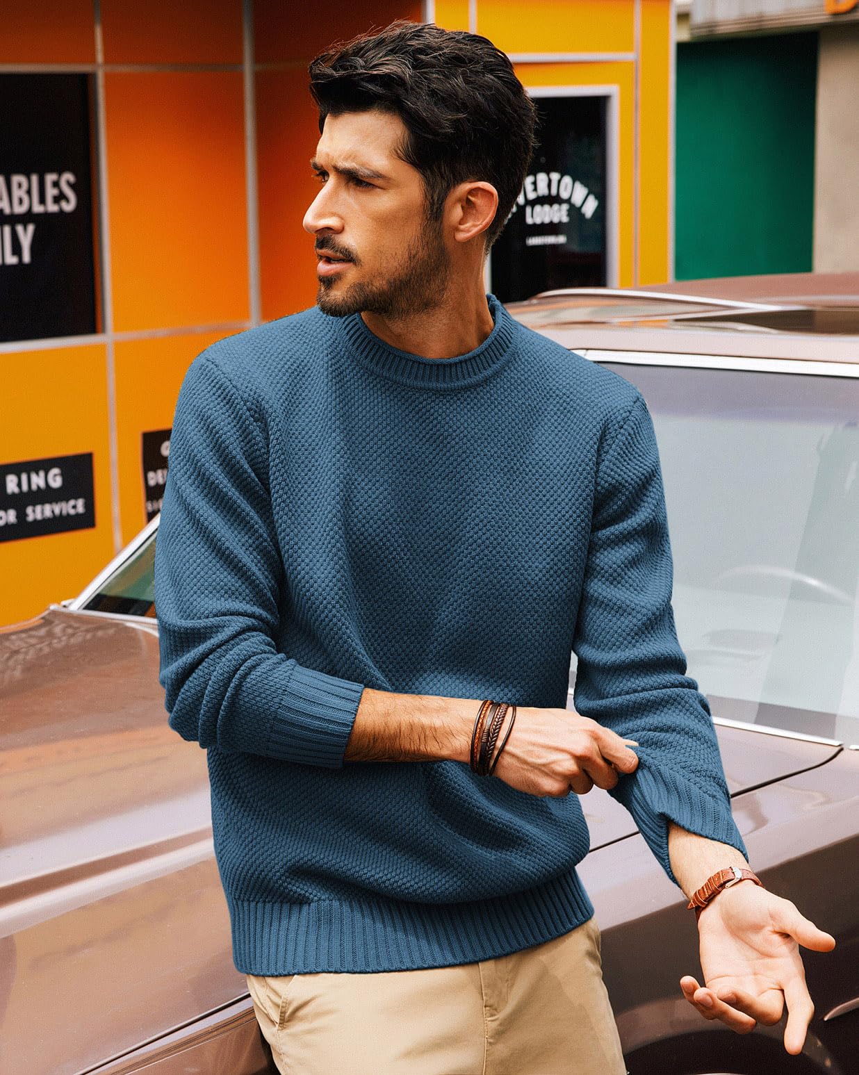 PJ PAUL JONES Men's Casual Thick Knit Crewneck Pullover Sweater - Winter Warm Textured Sweater for Office, Dating & Outdoor Activities