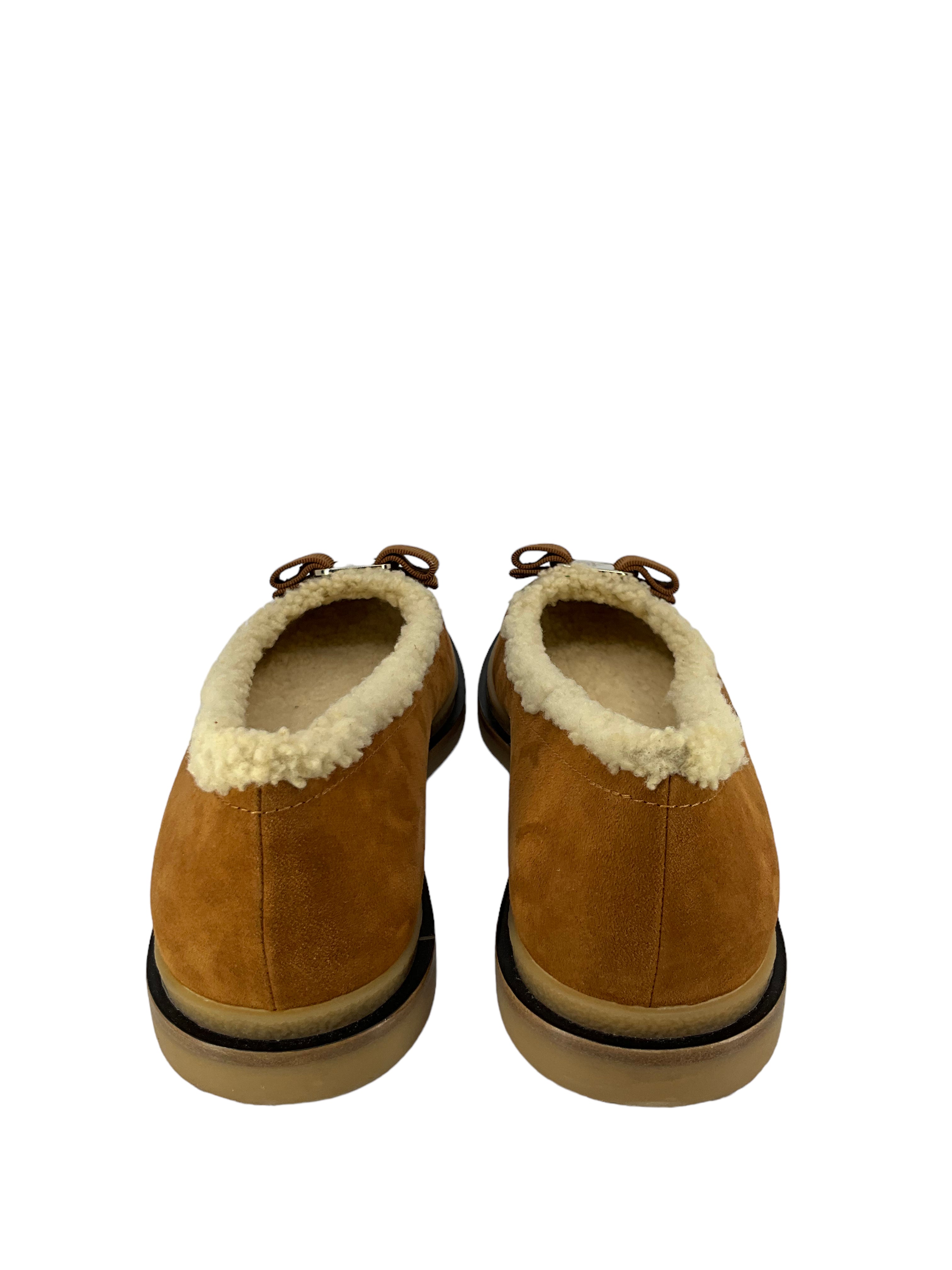 Salvatore Ferragamo Varina Suede Shearling Ballerina Flats - Women's Brown Size 7.5 | Comfortable Winter Shoes for Work & Casual Outfits