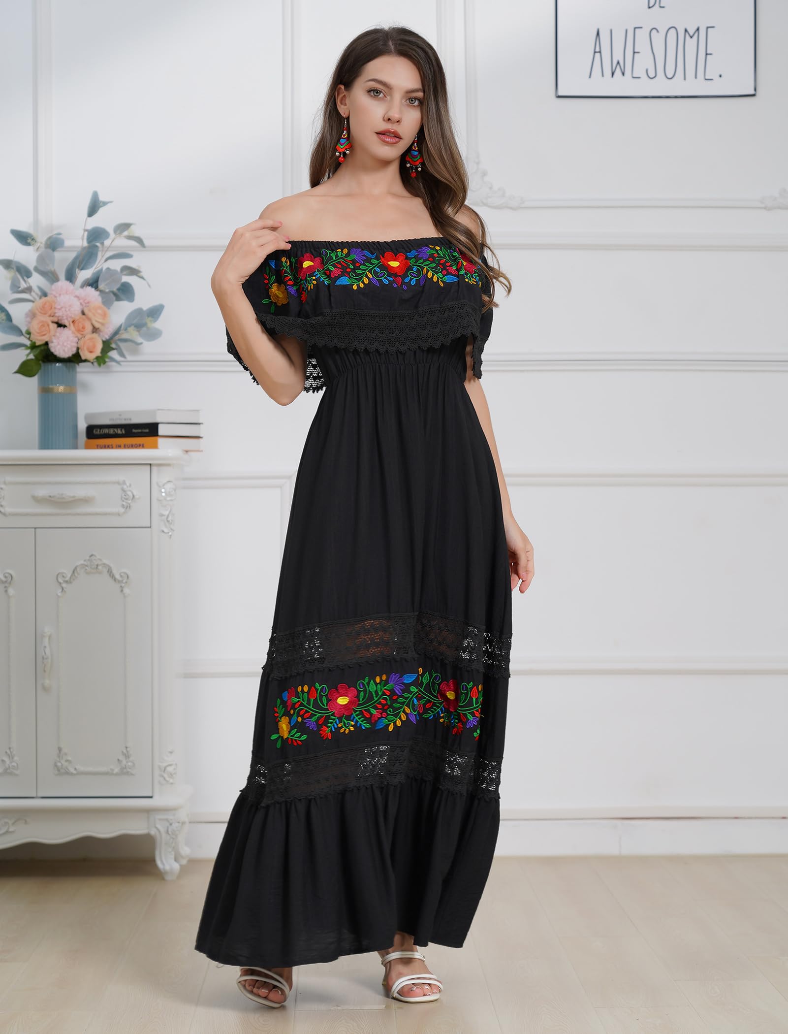 Mexican Floral Embroidered Off-Shoulder Long Maxi Dress for Women - Summer Boho Beach Dress, Casual Party Wear & Vacation Outfit