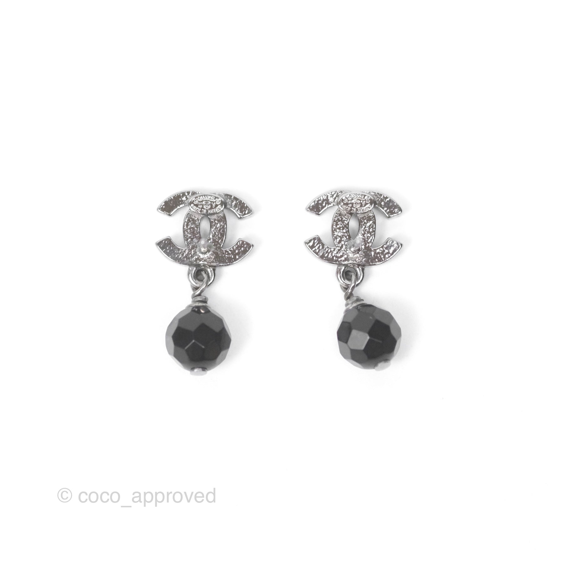 Chanel CC Black Bead Drop Earrings - Dark Silver 10V | Luxury Fashion Jewelry for Women | Perfect for Parties, Weddings & Special Occasions