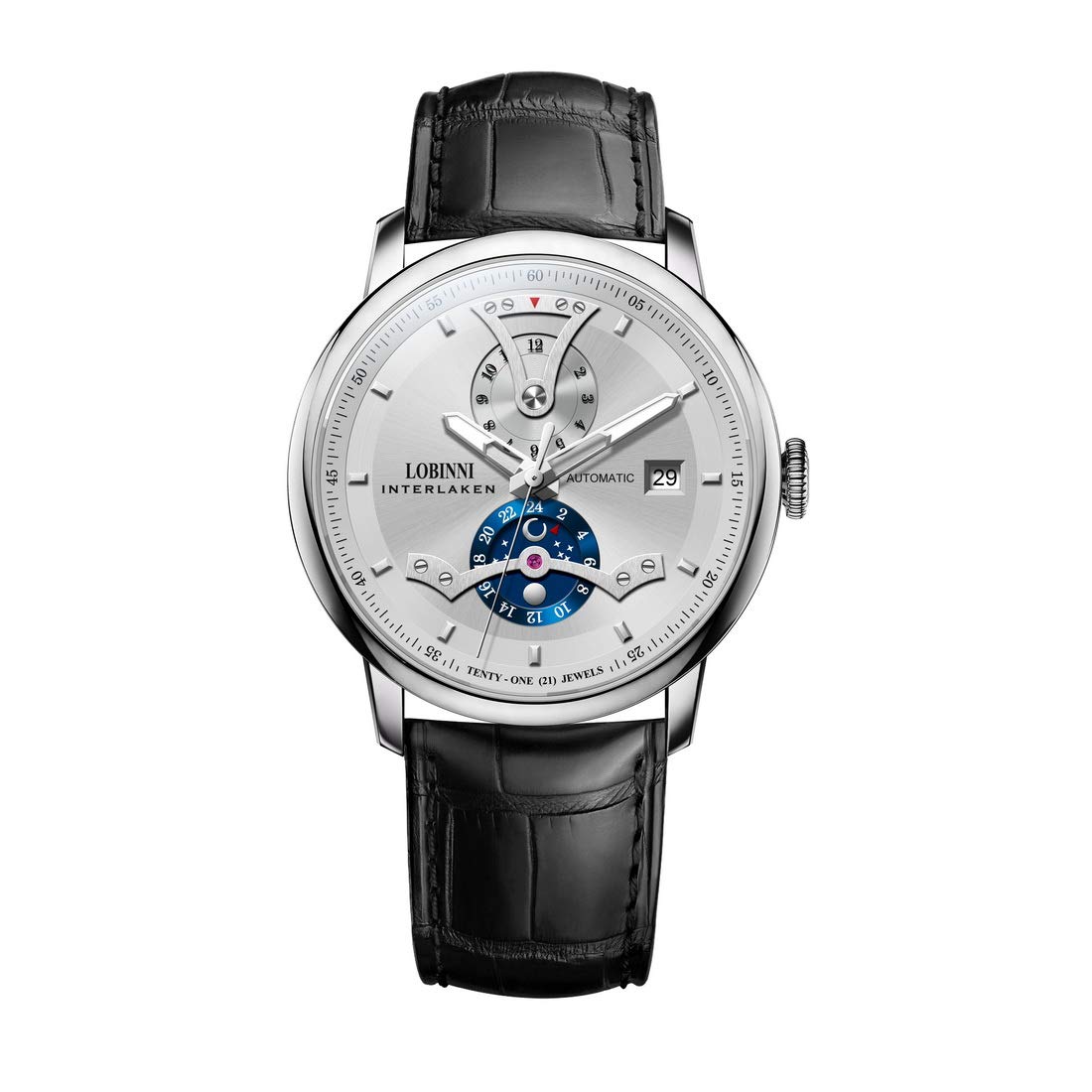 LOBINNI Automatic Men's Luxury Watch - Stainless Steel, 50m Waterproof, Self-Winding Mechanical Wristwatch with Sapphire Crystal, Month/Date/24H Display - Perfect for Business, Formal Events & Everyday Wear
