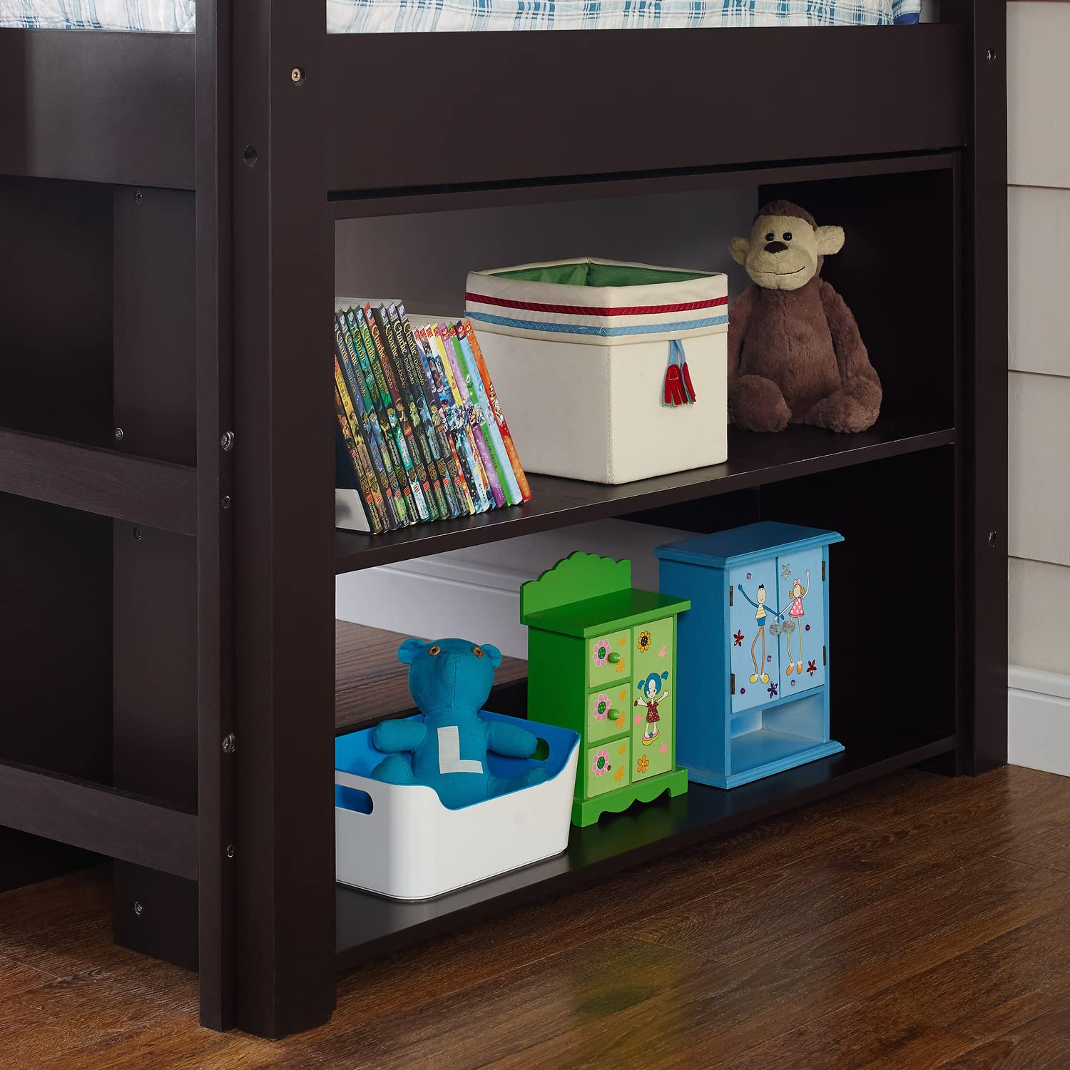 Naomi Home Twin Low Loft Bed with Built-in Study Desk for Kids - Space Saving Wooden Loft Bed with Storage, Espresso Finish - Perfect for Small Bedrooms, Dorm Rooms & Kids Study Areas
