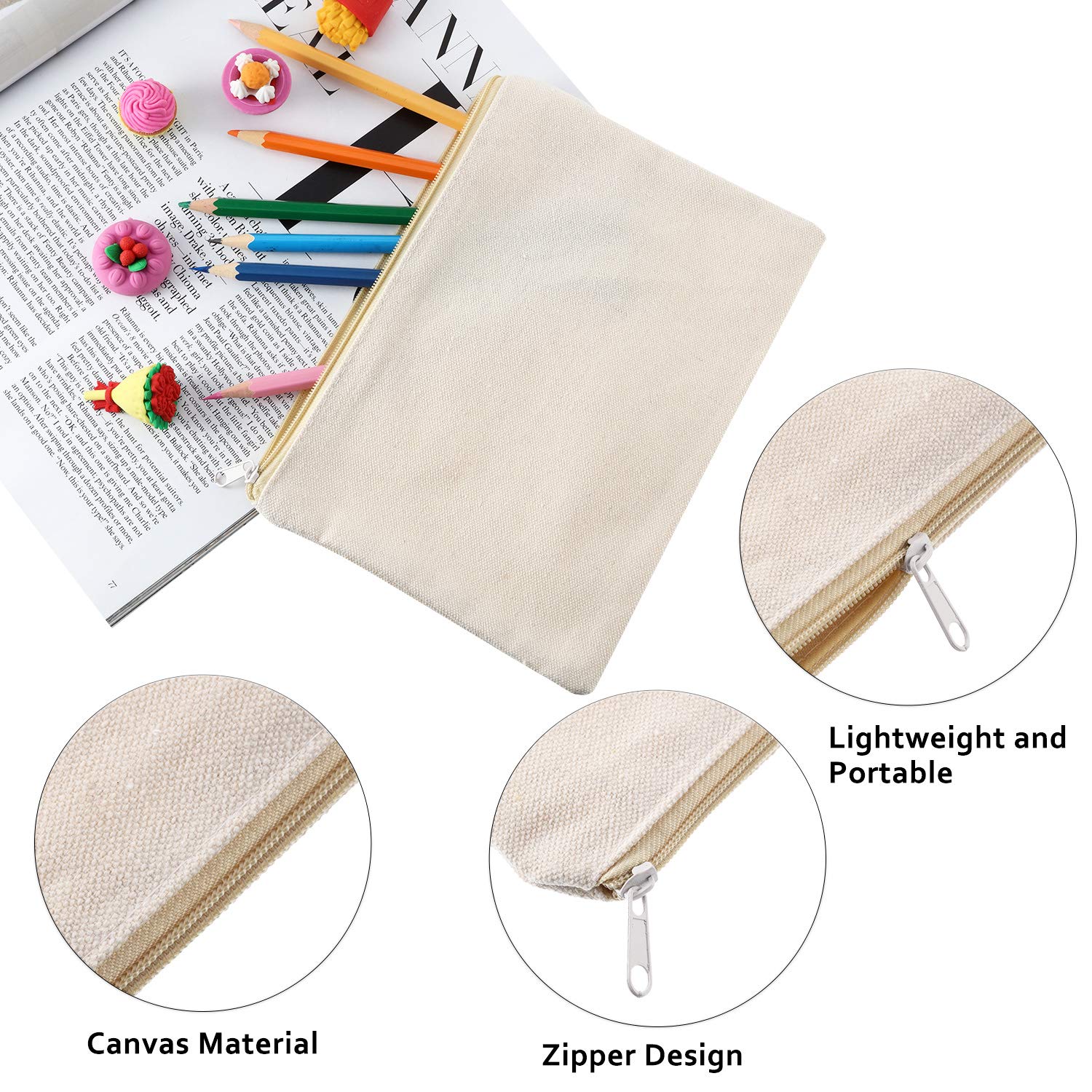 10pc Canvas Makeup Pouch with Zipper - Travel Toiletry Bag for Cosmetics & DIY Crafts (Beige/Black)