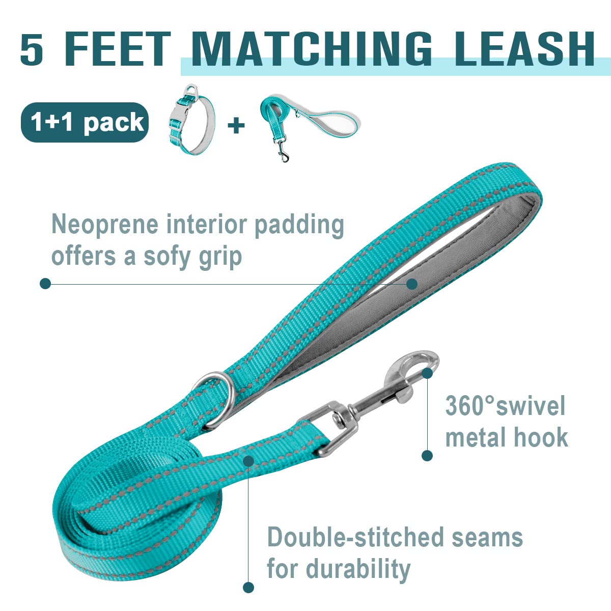 Reflective Dog Collar and Leash Set - Soft Neoprene Padded 2-Pack for Small, Medium & Large Dogs (Blue, Small) | Perfect for Night Walks, Training & Outdoor Adventures