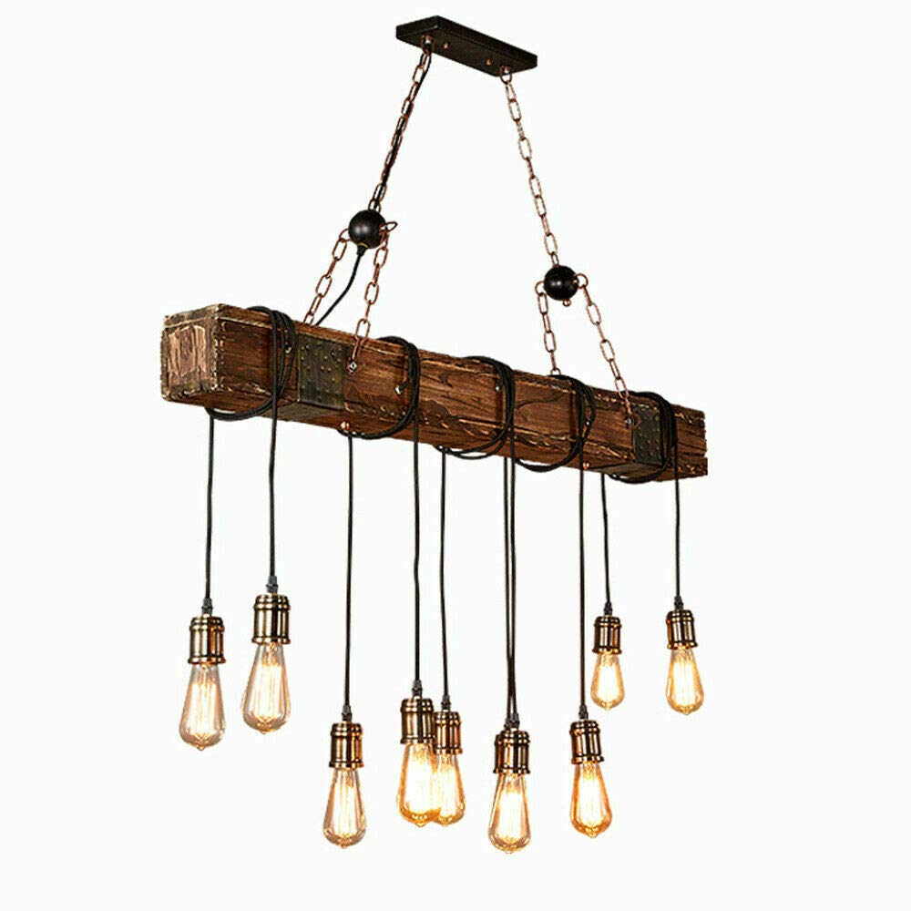 Rustic Industrial Wood Beam Chandelier - Linear Pendant Light Fixture for Kitchen Island, Dining Room & Farmhouse Decor - DIY Hanging Lighting Kit with 10 E26 Bases - Perfect for Rustic, Modern & Vintage Interiors