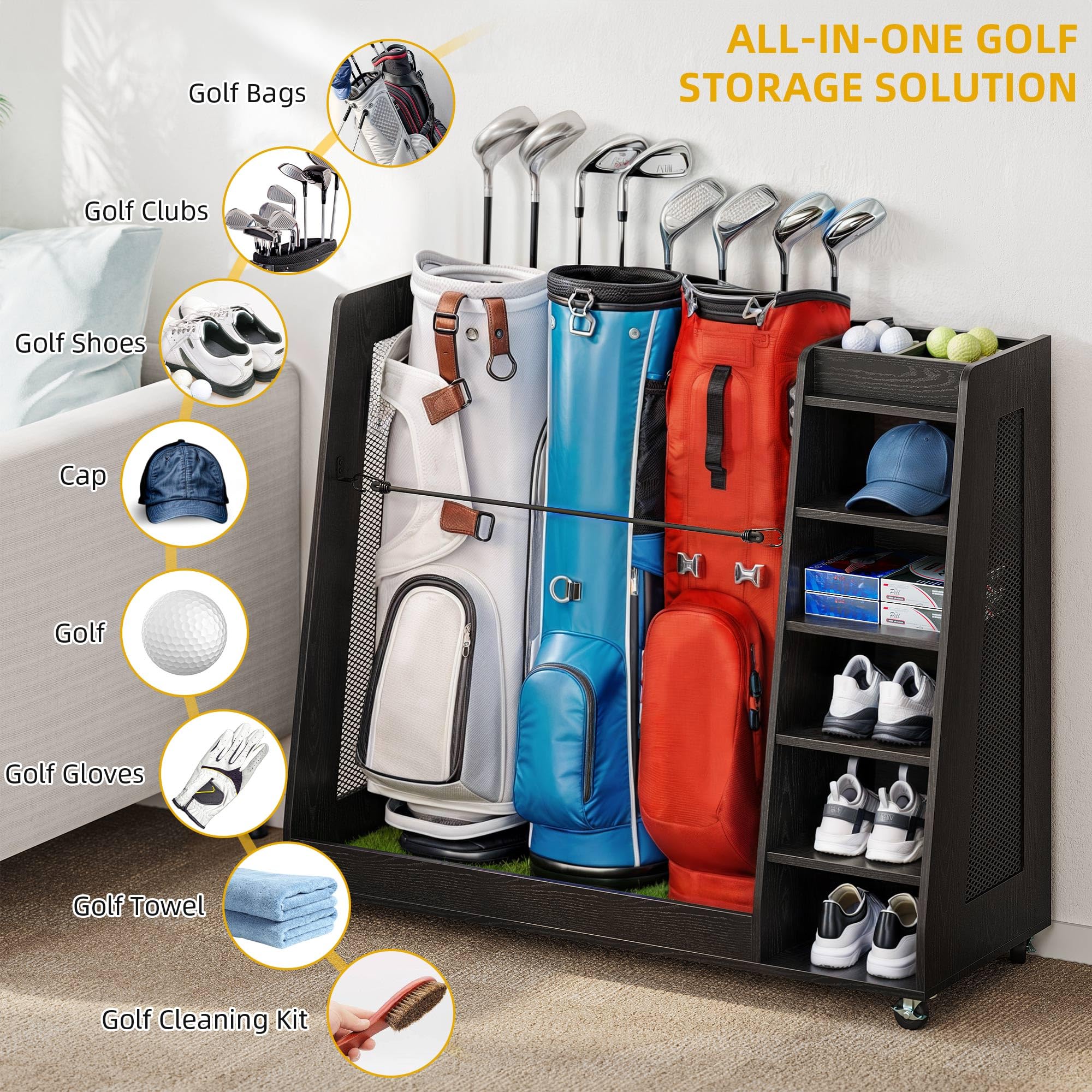 DWVO Wooden Golf Bag Stand Holder with Wheels - Garage Golf Storage Organizer for 2-3 Golf Bags, Clubs, Balls & Accessories | Space-Saving Golf Equipment Organizer for Home, Garage & Clubhouse Storage