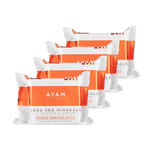 AYAM Beautycare Dead Sea Minerals + Vitamin C Facial Cleansing Wipes 4 Pack (100 Count Total) - Gentle Makeup Remover Towelettes for Sensitive Skin, Oil & Dirt Removal - Perfect for Travel, Gym & Daily Skincare Routine