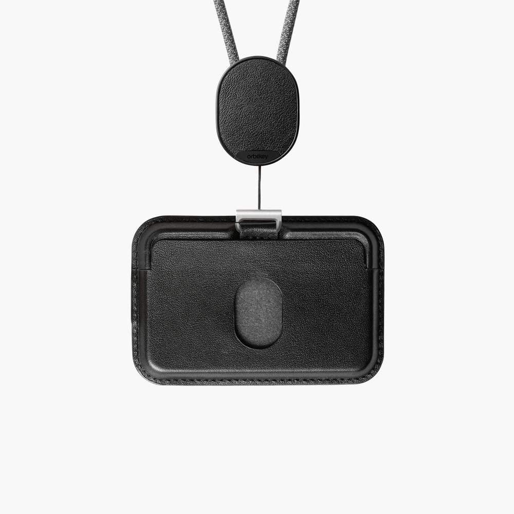 Orbitkey Pro ID Card Holder - Premium LWG-Certified Leather & Dyneema Cord - RFID Blocking for 1 Access Card + 2 Cards - Adjustable Orientation with Lanyard - Perfect for Office, Travel & Security Badges (Black)