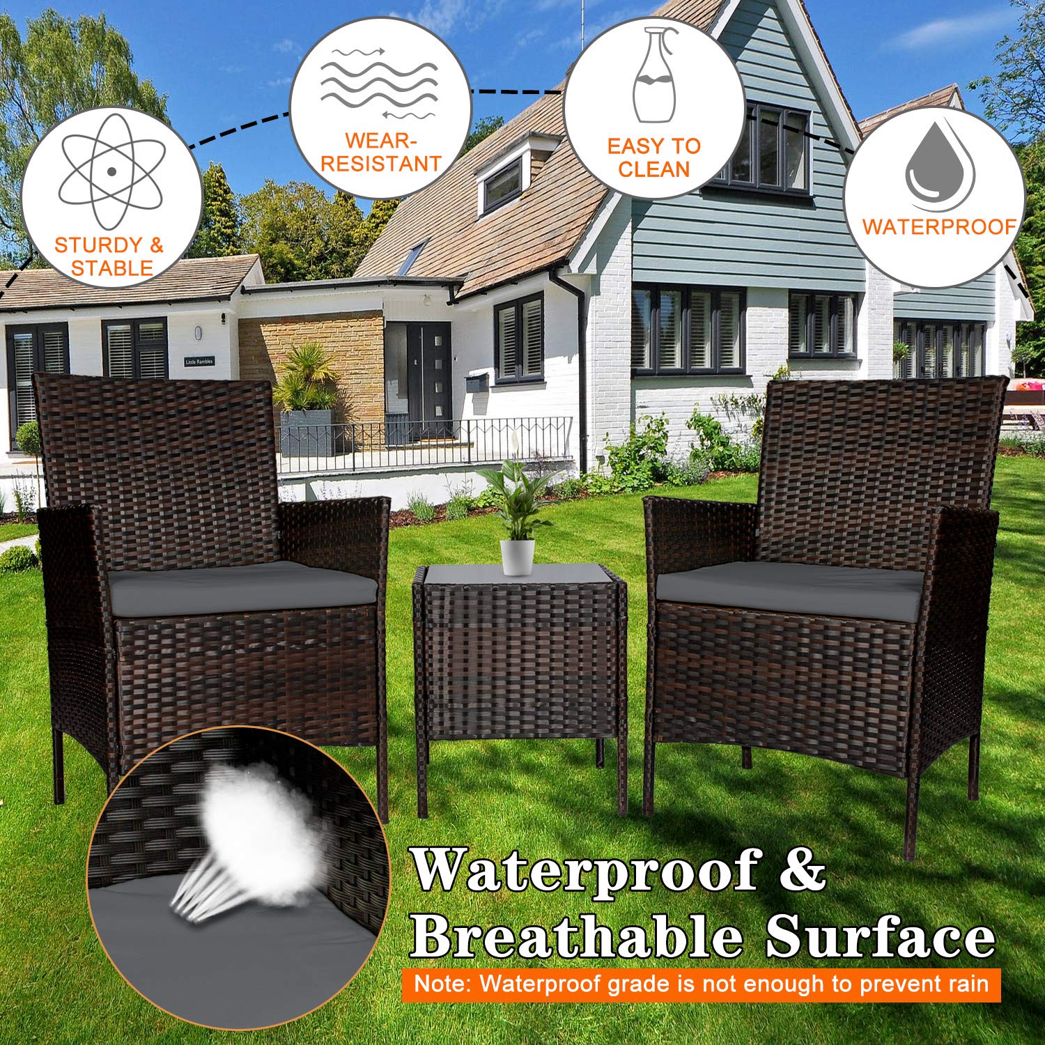 3-Piece Modern Outdoor Patio Furniture Set - Wicker Bistro Table & Chairs for Garden, Porch, Backyard (Brown/Grey) - Perfect for Relaxing, Dining & Entertaining Guests