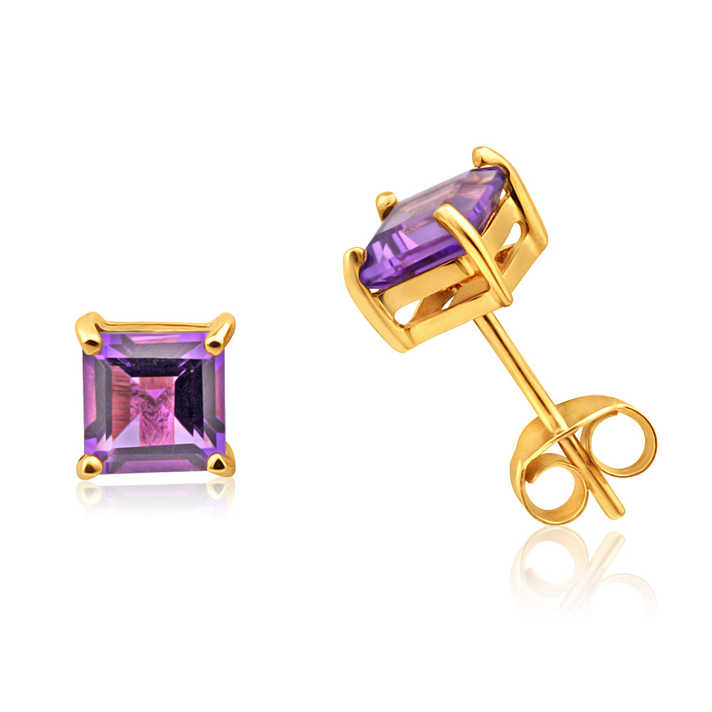 9ct Yellow Gold Amethyst Princess Cut 5mm Stud Earrings for Women - Elegant Purple Gemstone Jewelry Gift for Birthday, Anniversary & Special Occasions