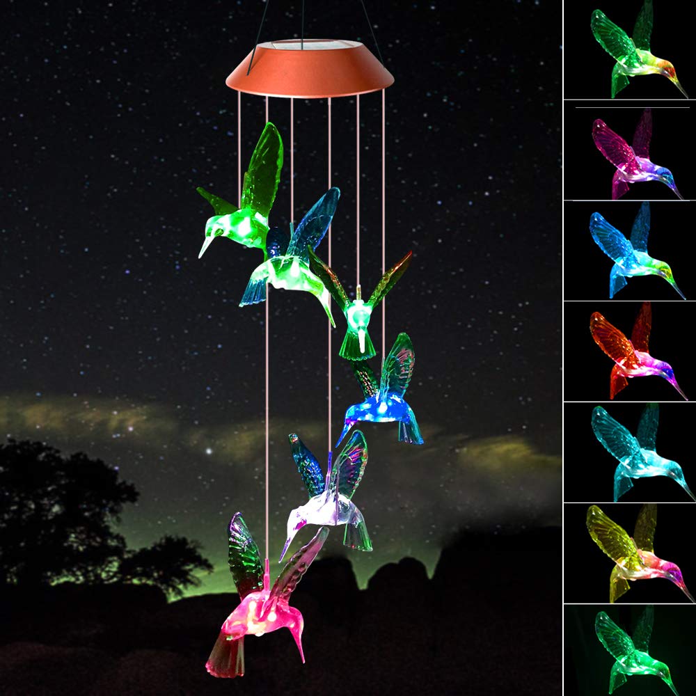 Solar Wind Chimes with Red Hummingbirds - Outdoor Garden Decor, Birthday Gifts for Mom, Grandma & Women - Unique Handmade Present from Daughter - Perfect for Patio, Yard & Home Decoration