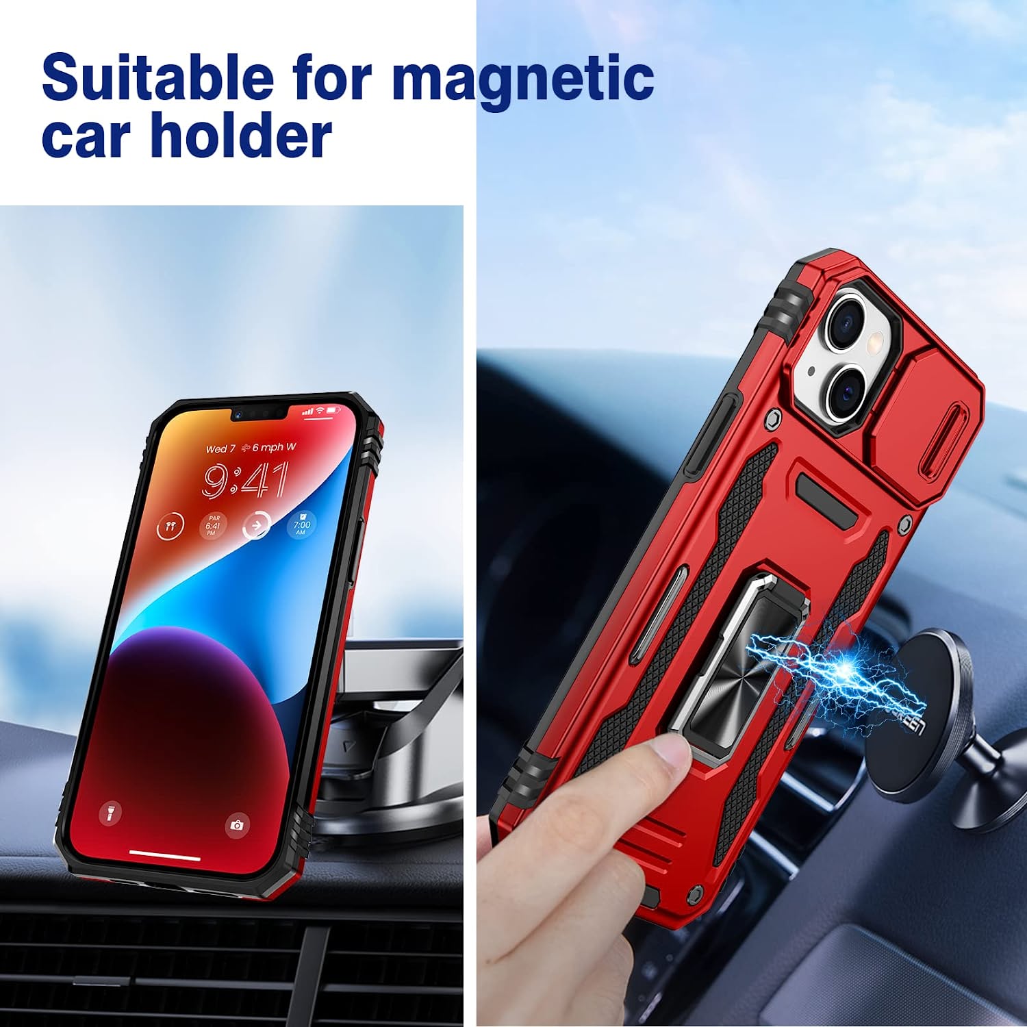 iPhone 14 Plus Case with Kickstand & Slide Camera Cover | Protective Armor Phone Cover in Red | Perfect for Work, Travel & Outdoor Activities