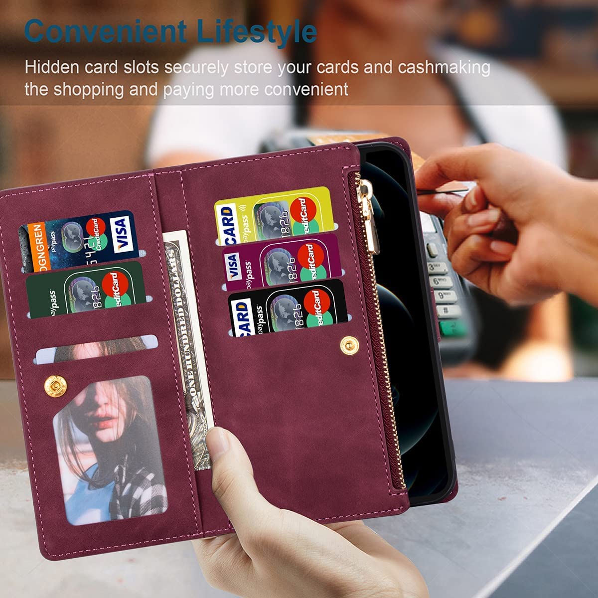 Premium Leather Wallet Case for Samsung Galaxy S22 Plus - 9 Card Slots & Zipper Pocket with Handbag Wristlet Flip Cover (Red) | Perfect for Daily Use, Travel & Business Meetings