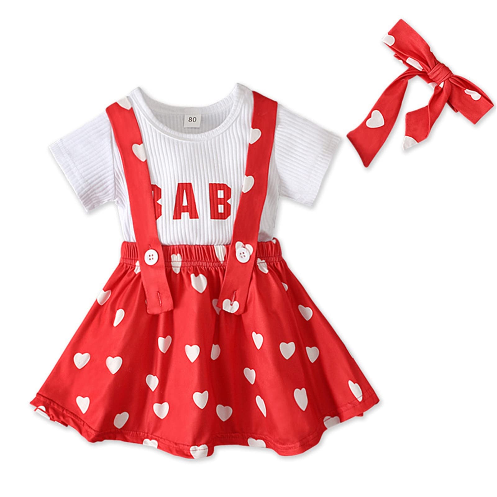Heart Print T-Shirt & Ribbed Suspender Skirt Set for Toddler Girls - Cute Summer Outfits with Headband - Perfect for Playdates, Birthday Parties & Photo Shoots